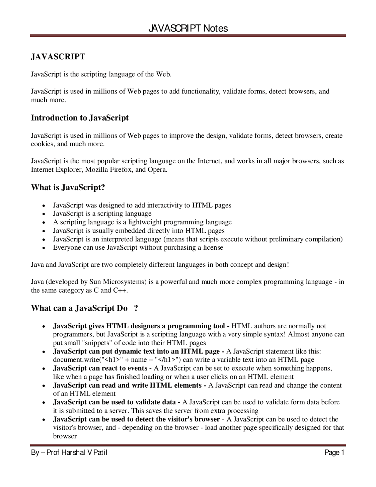 Javascript introduction notes | Lecture notes Software Engineering ...