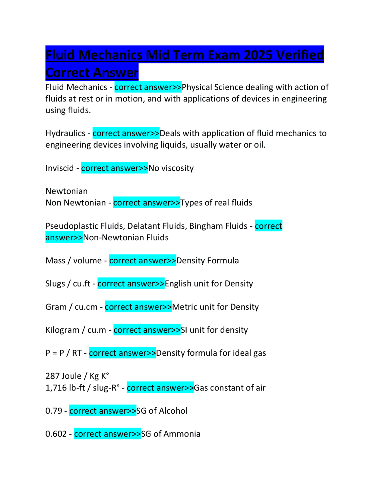 Fluid Mechanics Mid Term Exam 2025 Verified Correct Answer | Exams ...