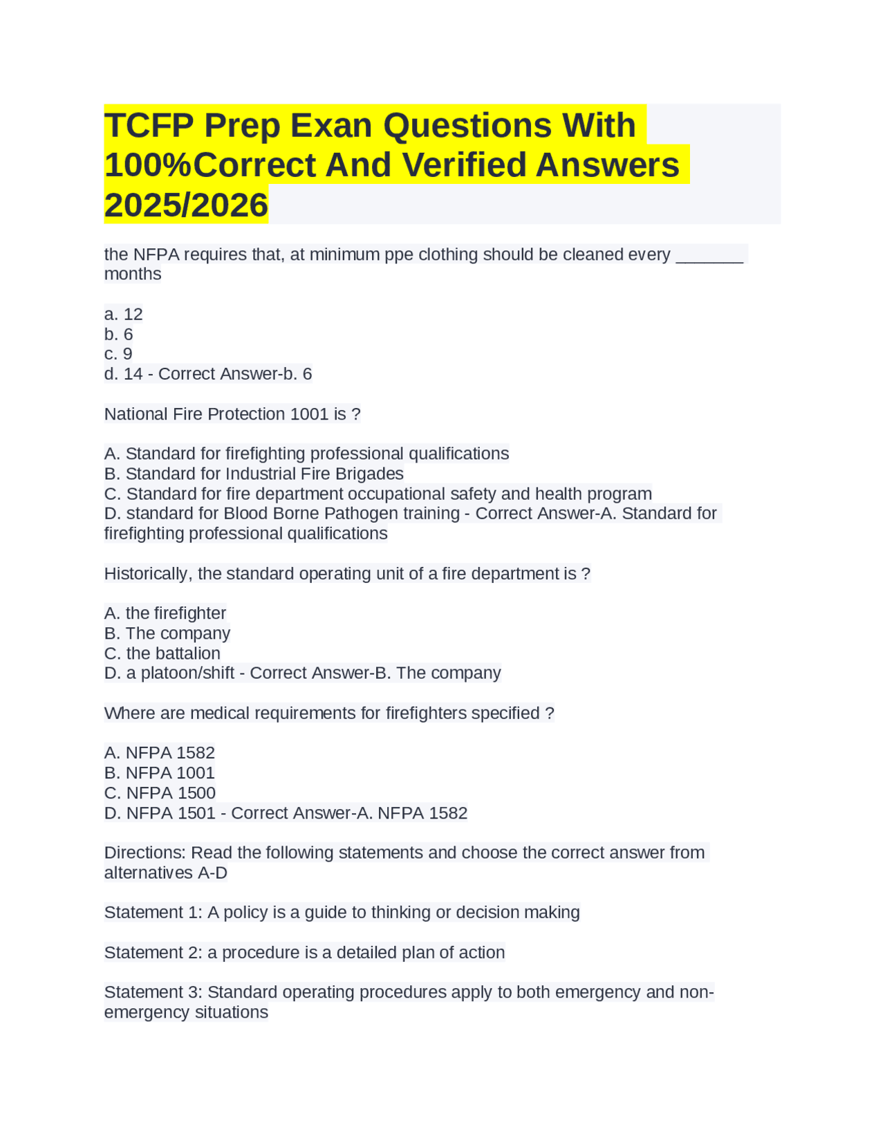 Tcf Questions TCFP Prep Exan Questions With 100%Correct And Verified Answers 2025/ ...