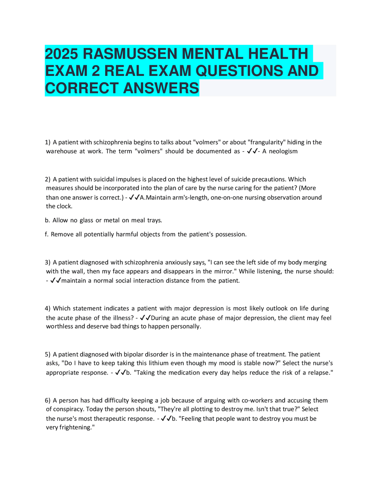 2025 RASMUSSEN MENTAL HEALTH EXAM 2 REAL EXAM QUESTIONS AND CORRECT ...
