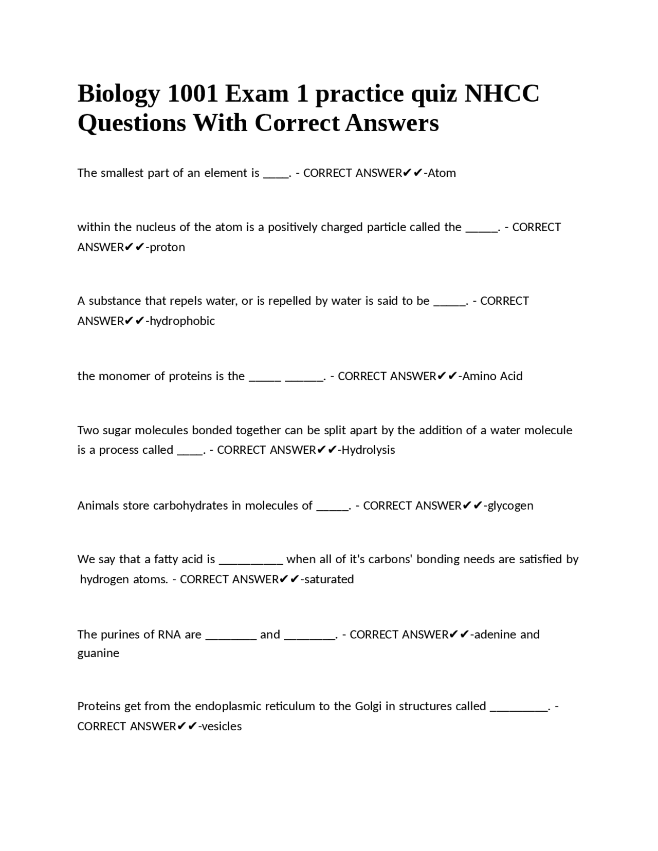Biology 1001 Exam 1 practice quiz NHCC Questions With Correct Answers ...