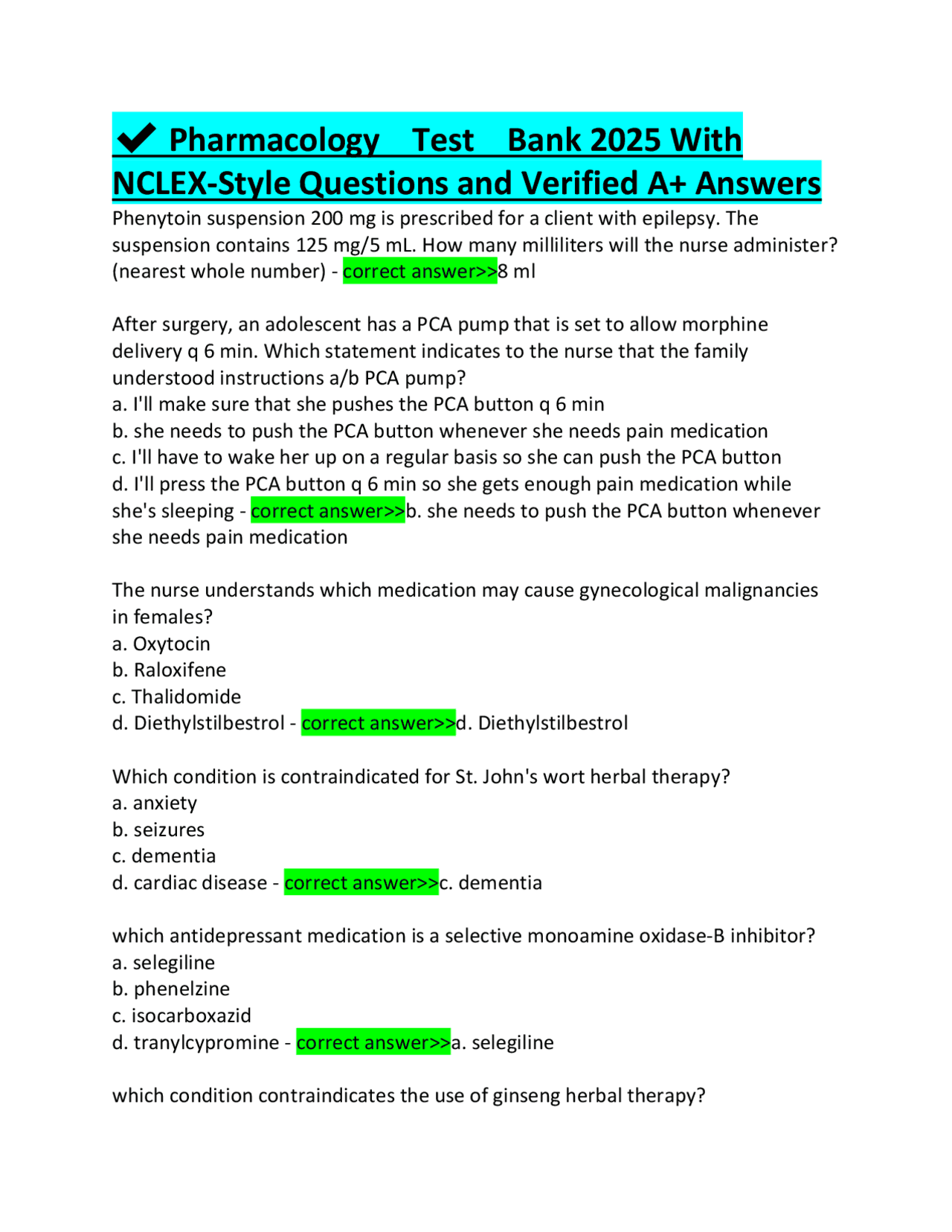 Pharmacology NCLEX Test Bank 2025: Practice Questions & A+ Answers ...
