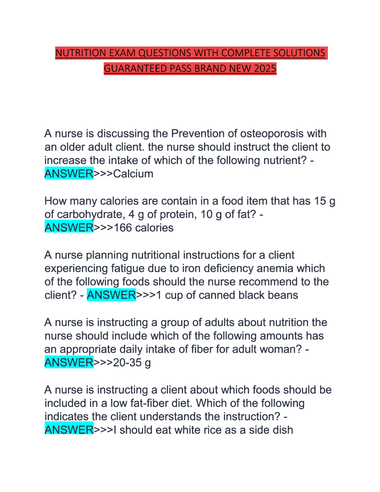 NUTRITION EXAM QUESTIONS WITH COMPLETE SOLUTIONS.pdf | Exams Nutrition ...