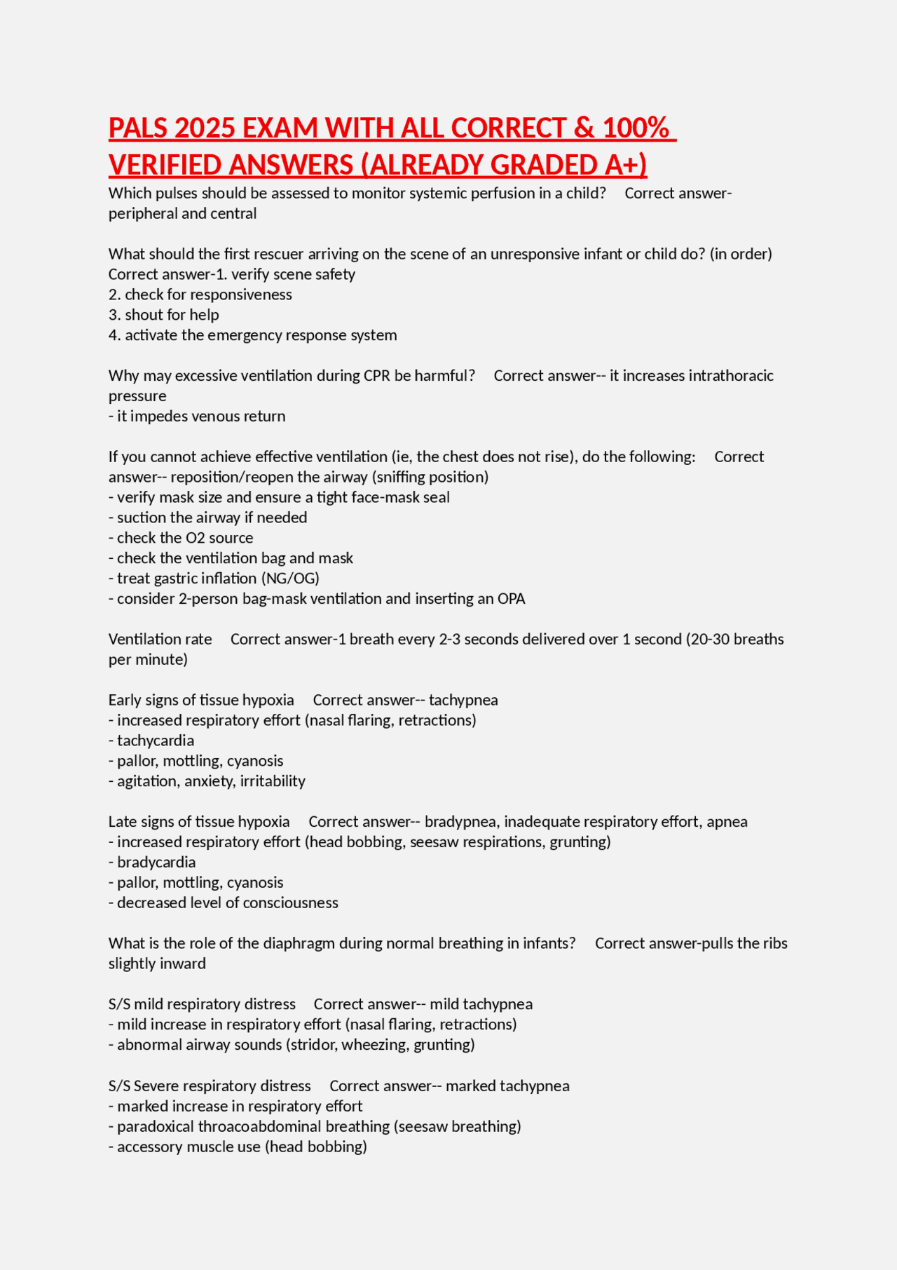 PALS 2025 EXAM WITH ALL CORRECT & 100% VERIFIED ANSWERS (ALREADY GRADED ...