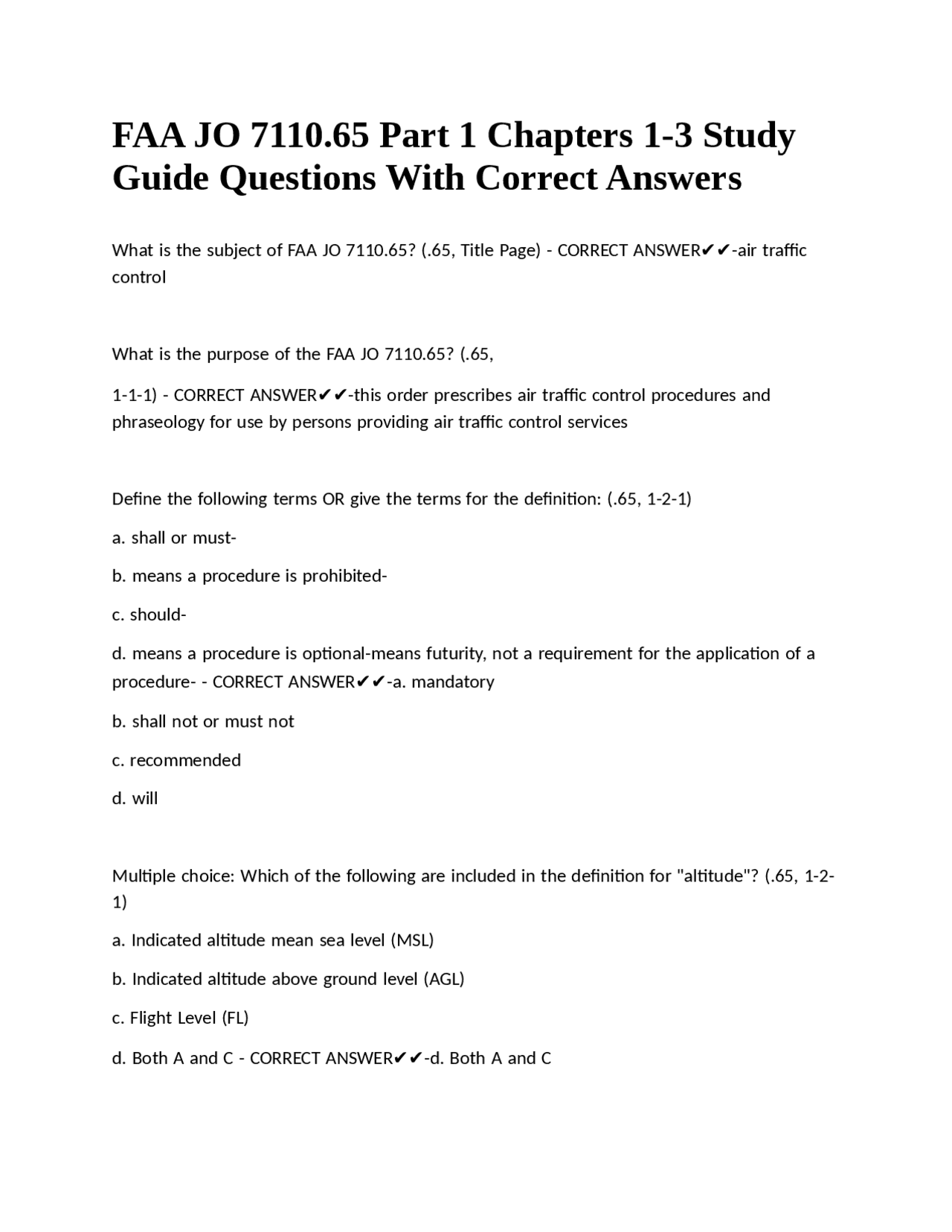 FAA JO 7110.65 Part 1 Chapters 1-3 Study Guide Questions With Correct ...