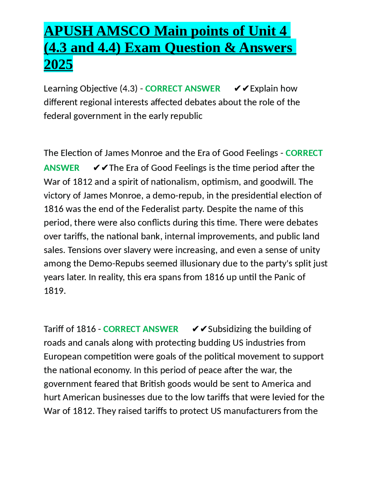 APUSH AMSCO Main points of Unit 4 (4.3 and 4.4) Exam Question & Answers ...