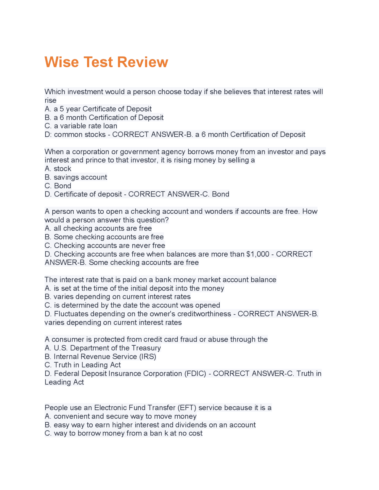 Wise Test Example Wise Test Review Questions & Answers Correctly Answered. | Exams ...