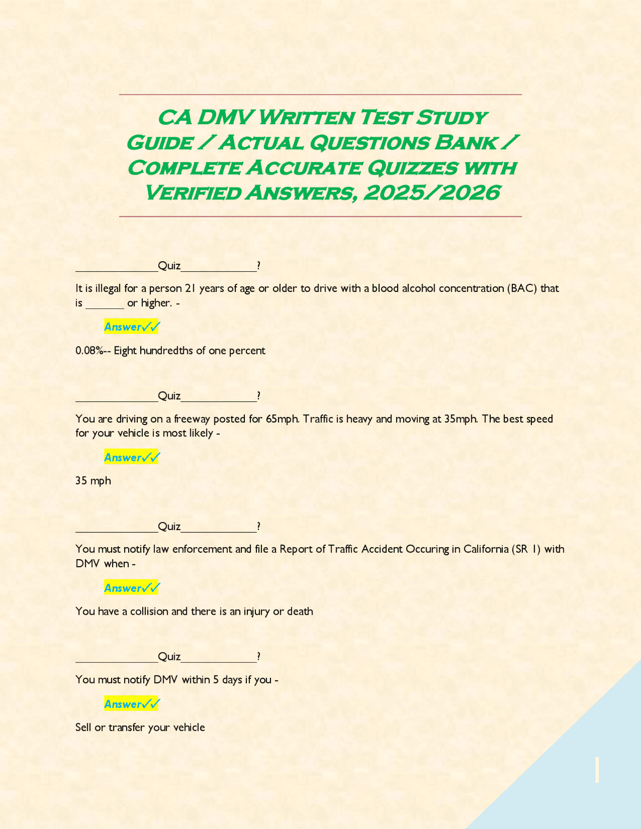 CA DMV Written Test Study Guide / Actual Questions Bank / Complete ...
