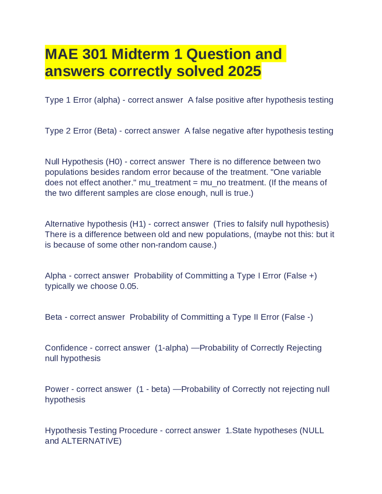 Statistical Hypothesis Testing: Key Concepts and Error Analysis | Exams ...
