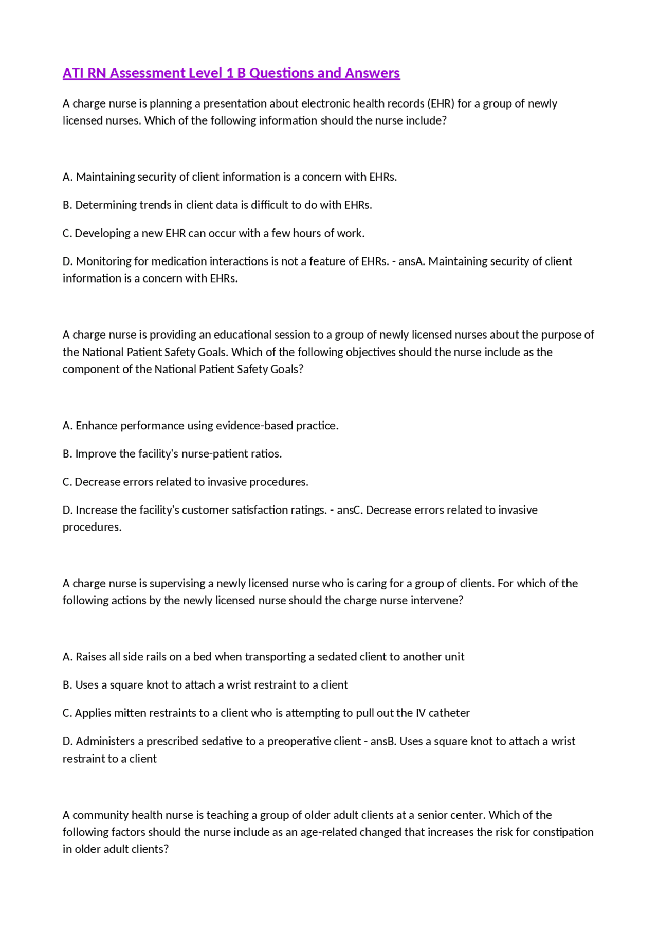 ATI RN Assessment Level 1 B Questions and Answers.odt | Exercises ...