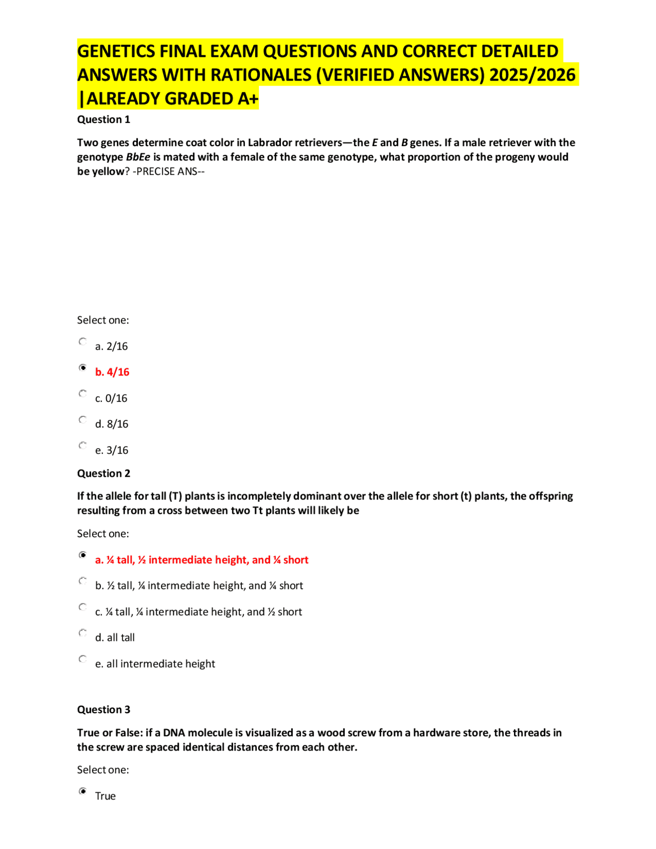 GENETICS FINAL EXAM QUESTIONS AND CORRECT DETAILED ANSWERS WITH ...