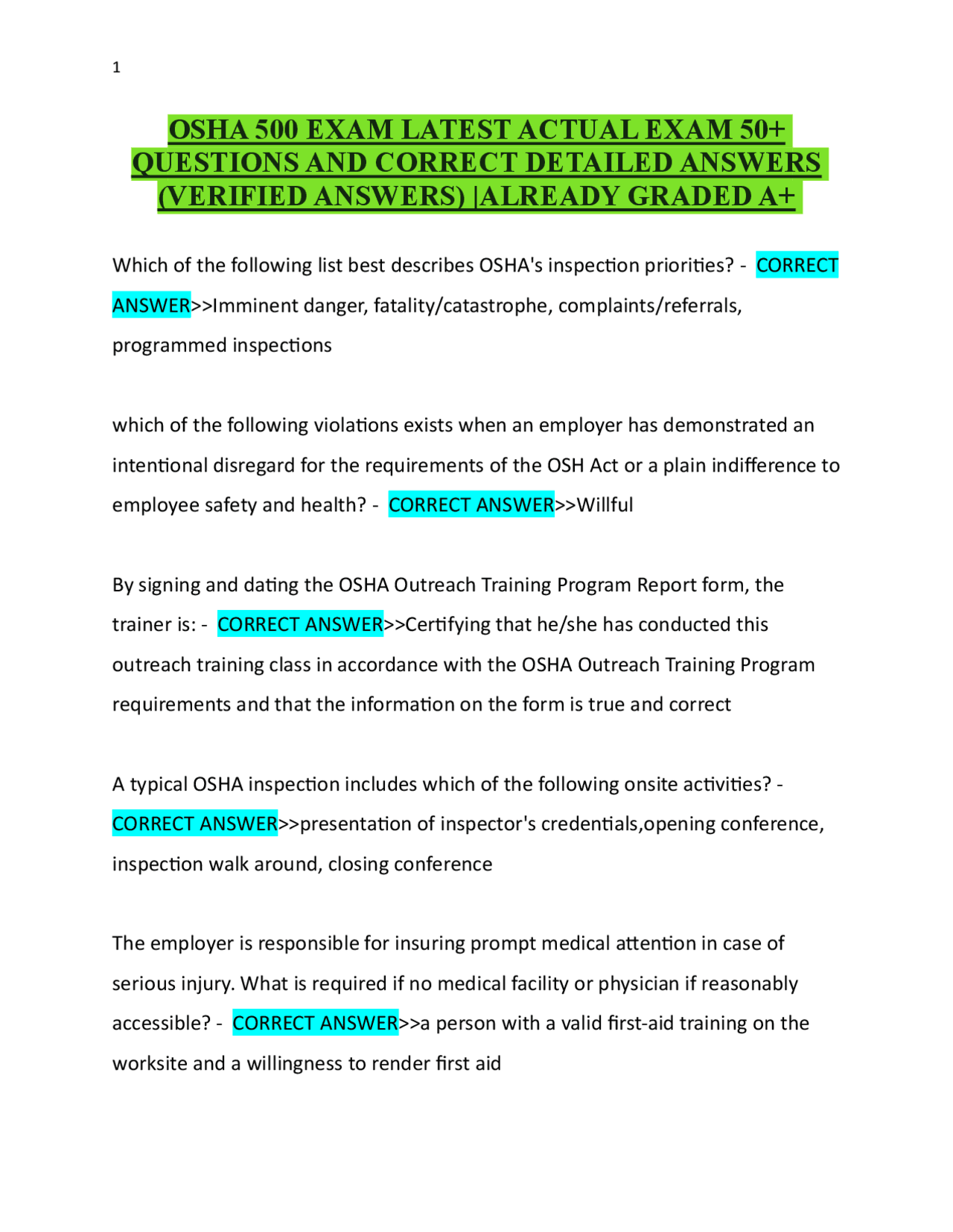 OSHA 500 EXAM LATEST ACTUAL EXAM 50+ QUESTIONS AND CORRECT DETAILED ...