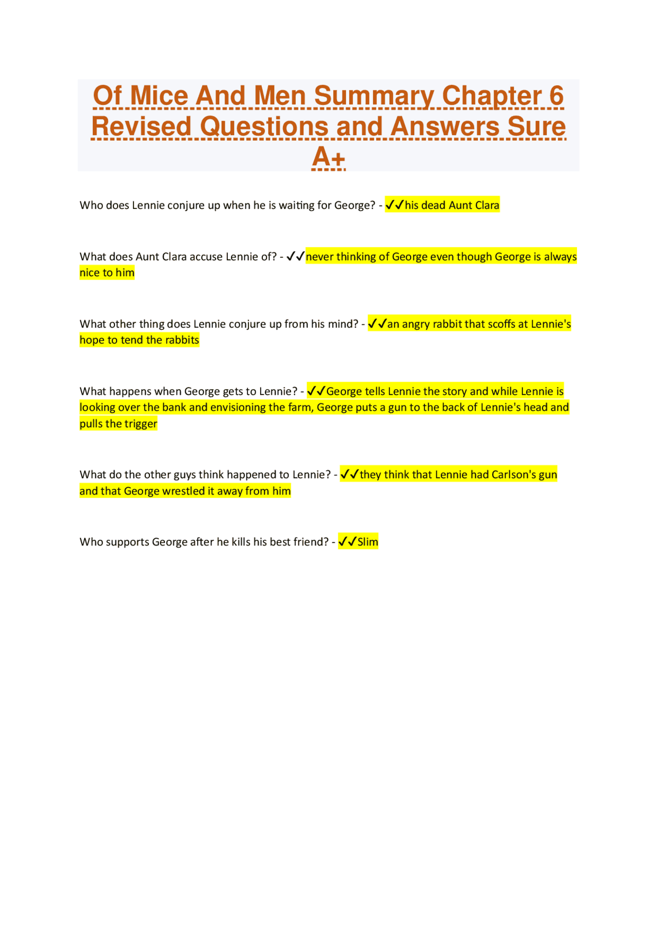 VOf Mice And Men Summary Chapter 6 Revised Questions and Answers Sure ...