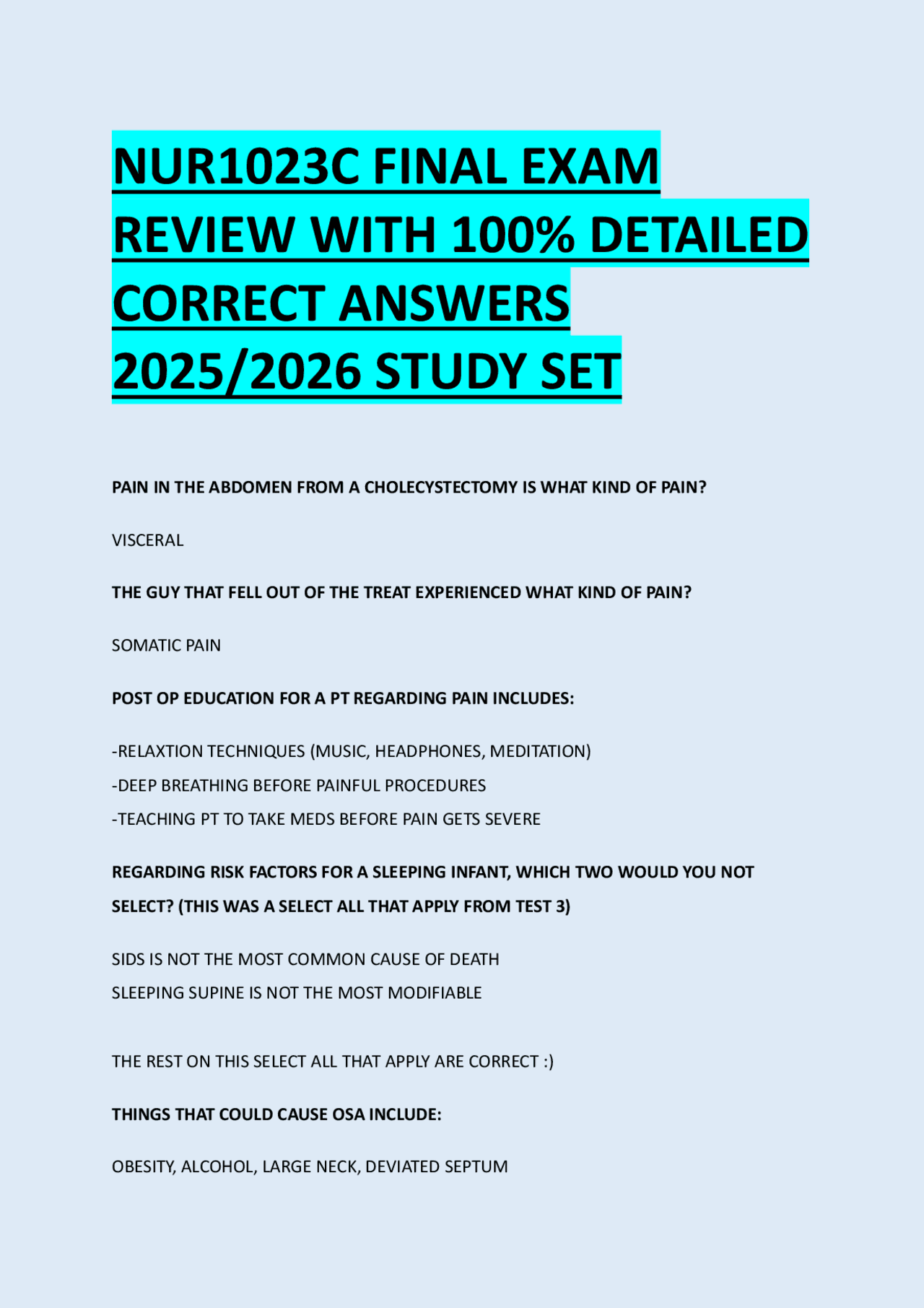 NUR1023C FINAL EXAM REVIEW WITH 100% DETAILED CORRECT ANSWERS 2025/2026 ...