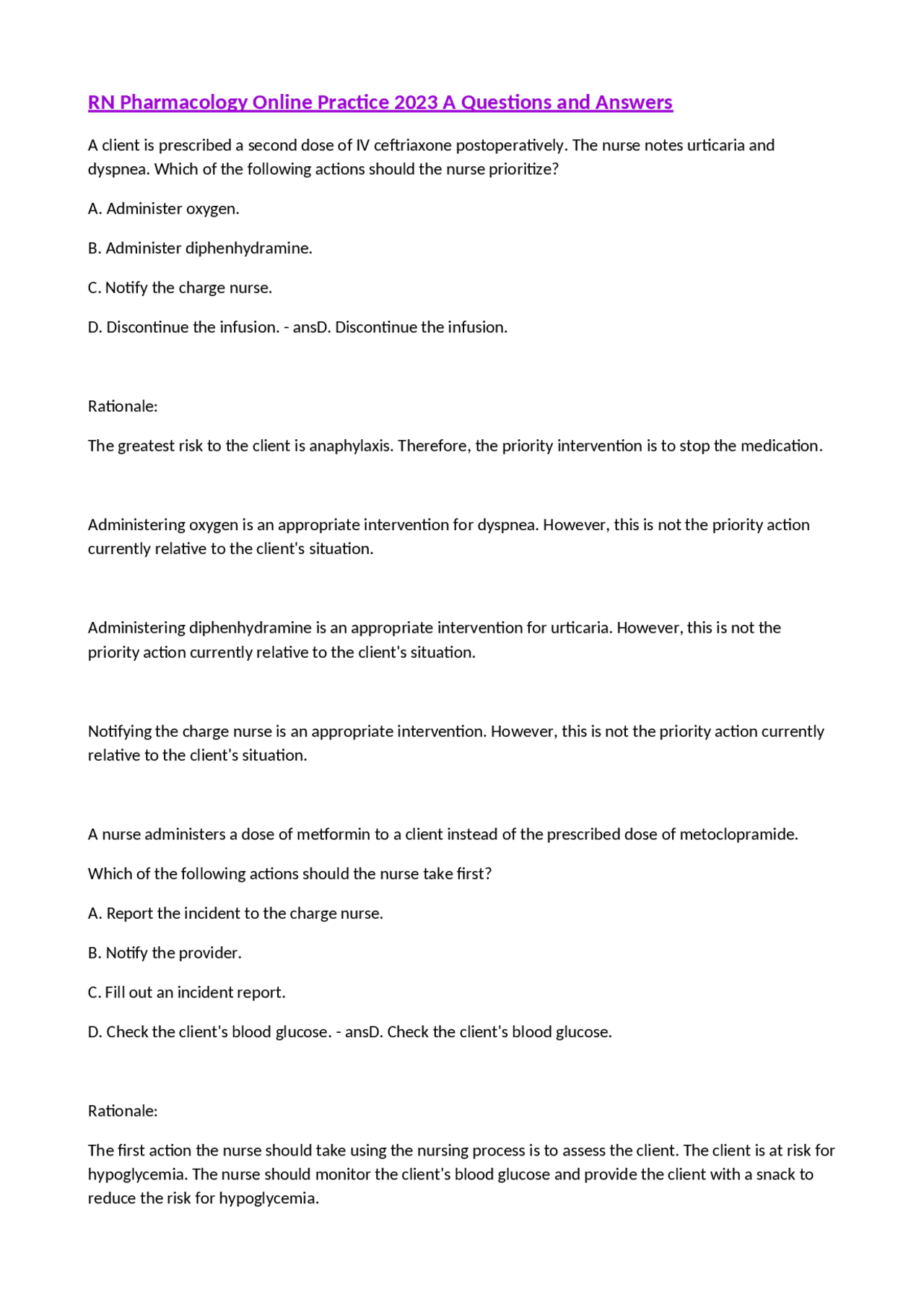 RN Pharmacology Online Practice 2023 A Questions and Answers.odt ...