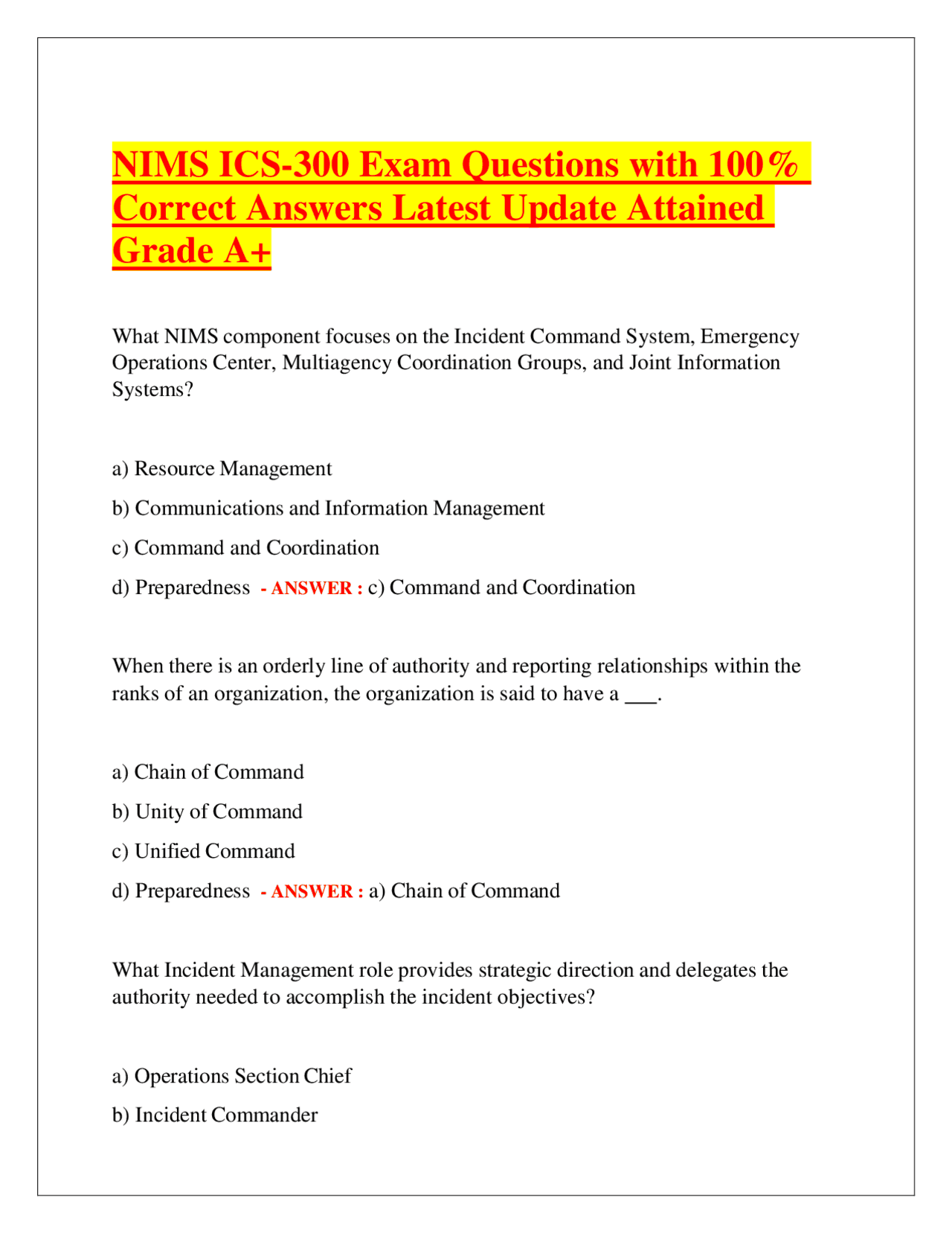 Nims Ics 300 Exam Questions With 100 Correct Answers Latest Update