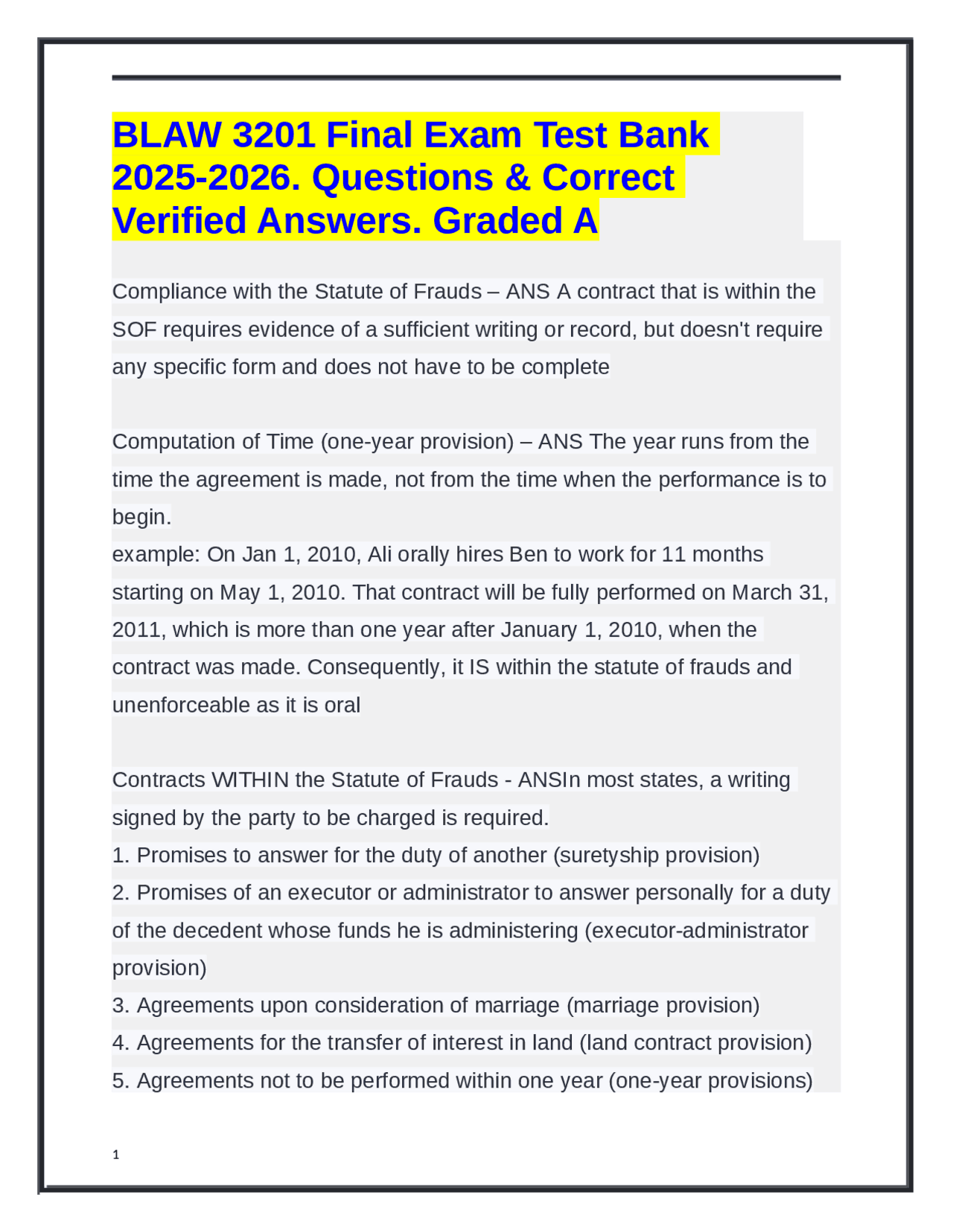 BLAW 3201 Final Exam Test Bank 2025-2026. Questions & Correct Verified ...