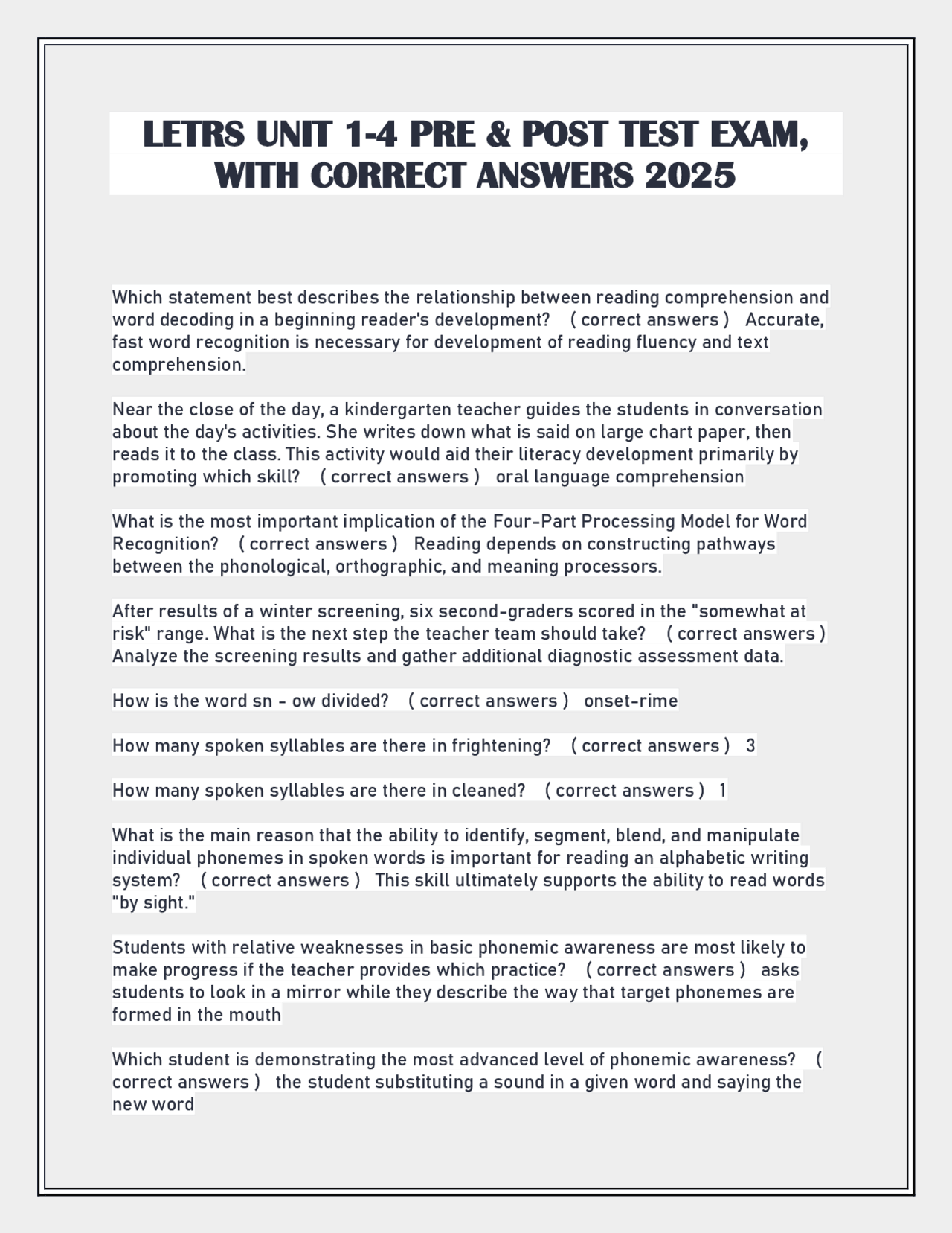 LETRS UNIT 1-4 PRE & POST TEST EXAM, WITH CORRECT ANSWERS 2025 | Exams ...