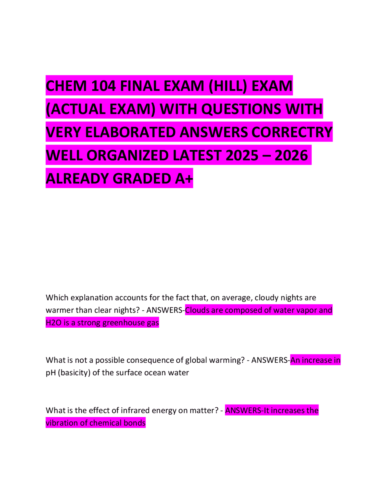 CHEM 104 FINAL EXAM (HILL) EXAM (ACTUAL EXAM) WITH QUESTIONS WITH VERY ...
