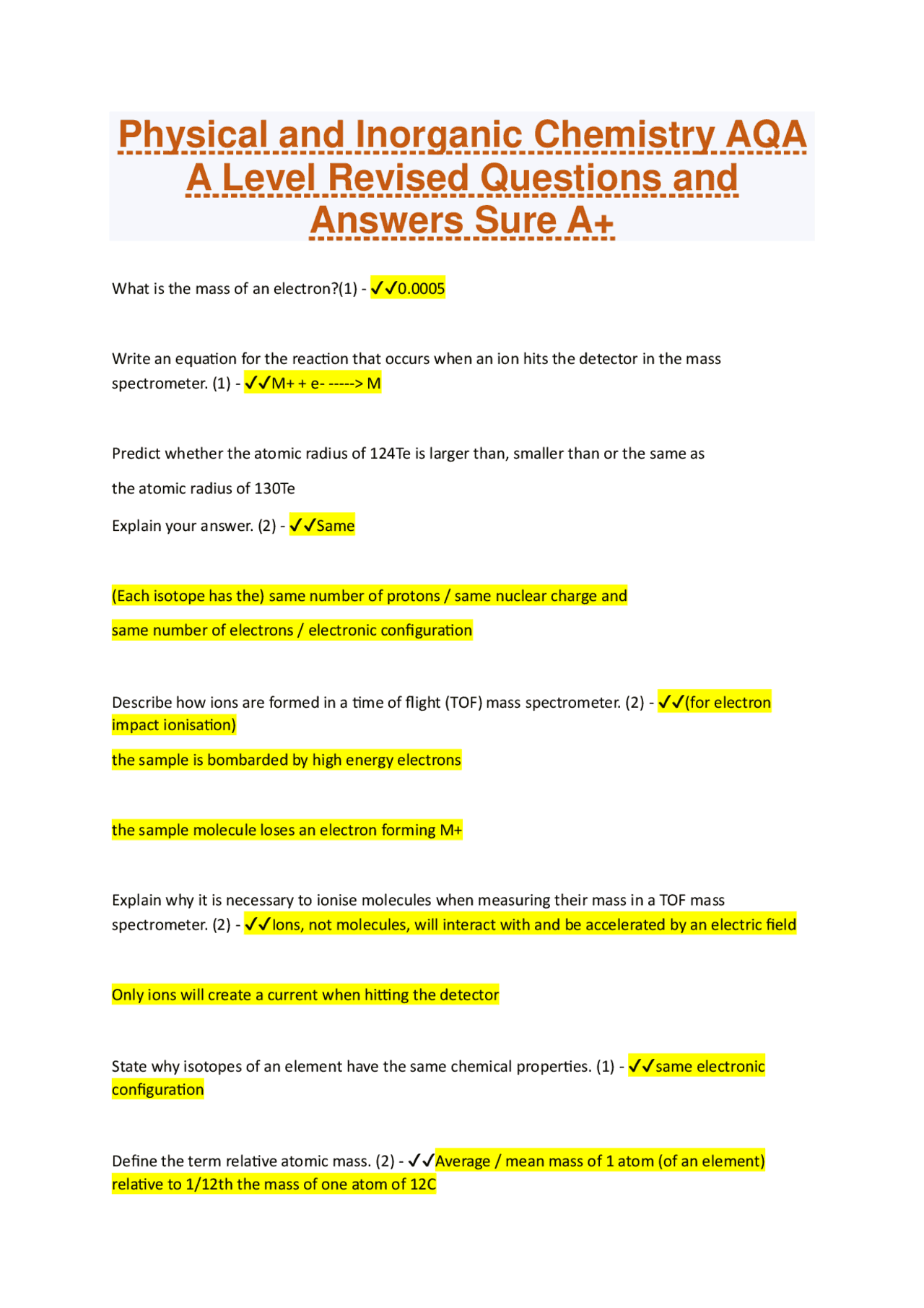 Physical and Inorganic Chemistry AQA A Level Revised Questions and ...