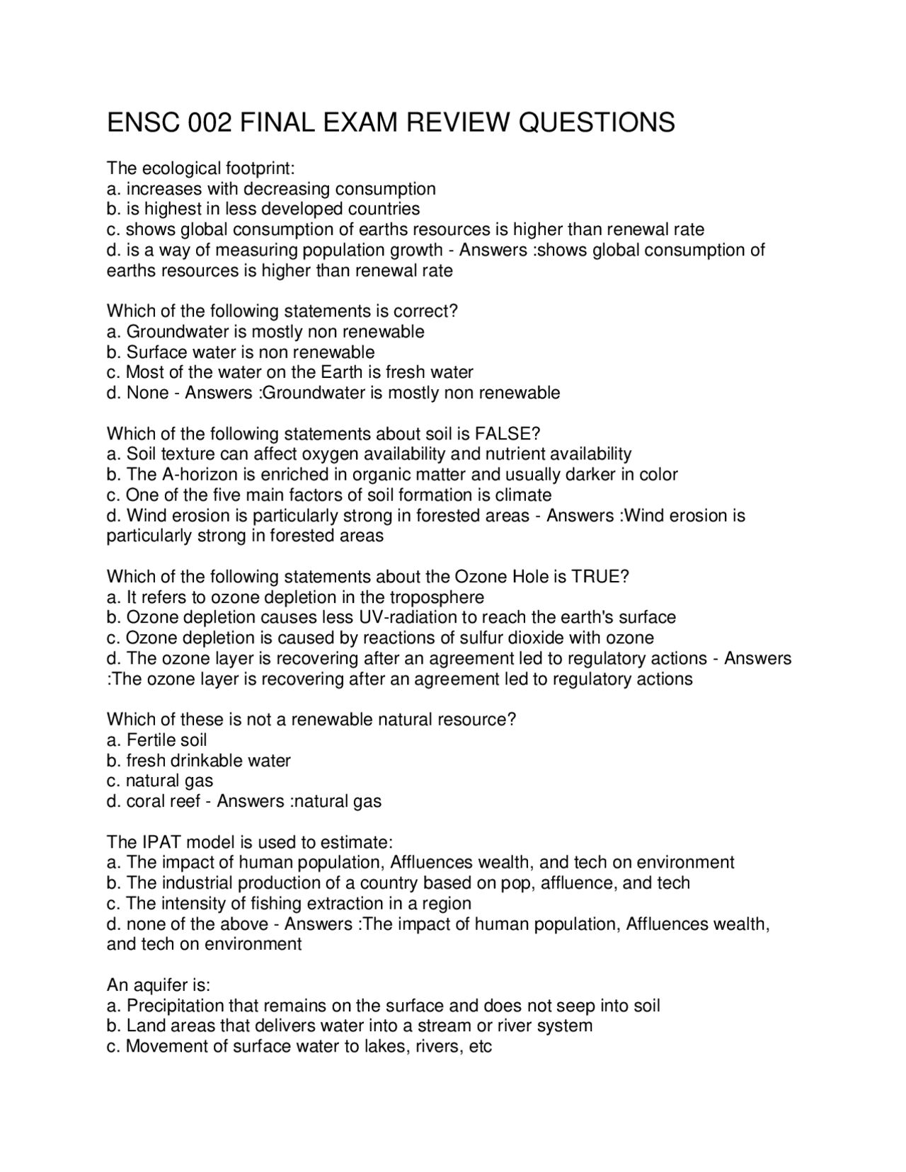 ENSC 002 FINAL EXAM REVIEW QUESTIONS | Exams Social Sciences | Docsity