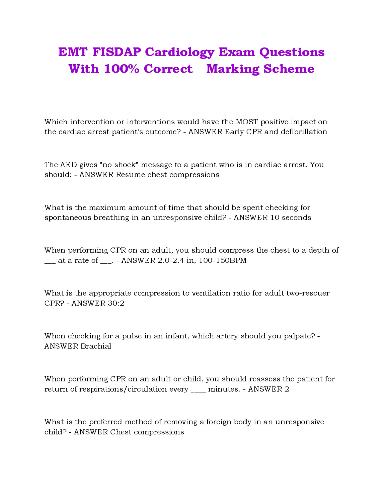 EMT FISDAP Cardiology Exam Questions With 100% Correct Marking Scheme ...