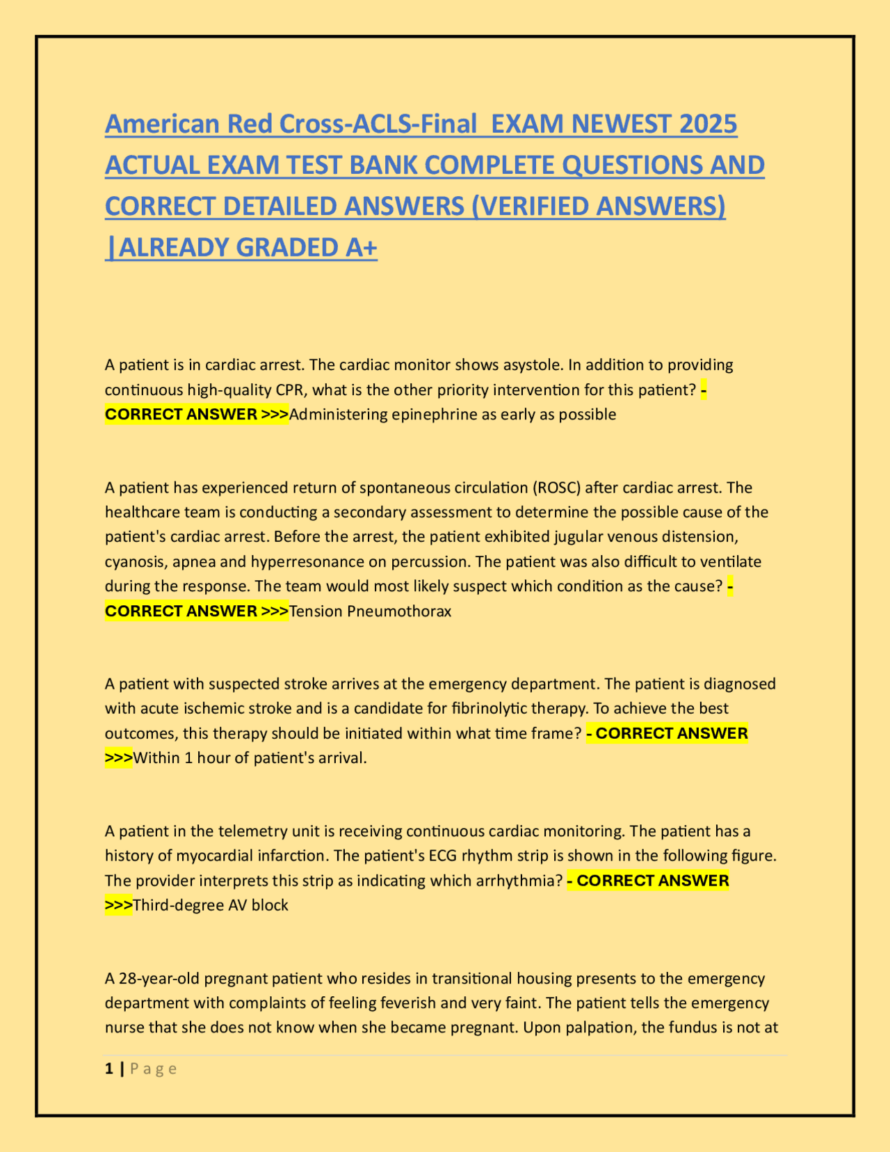 American Red Cross-ACLS-Final EXAM NEWEST 2025 ACTUAL EXAM TEST BANK ...