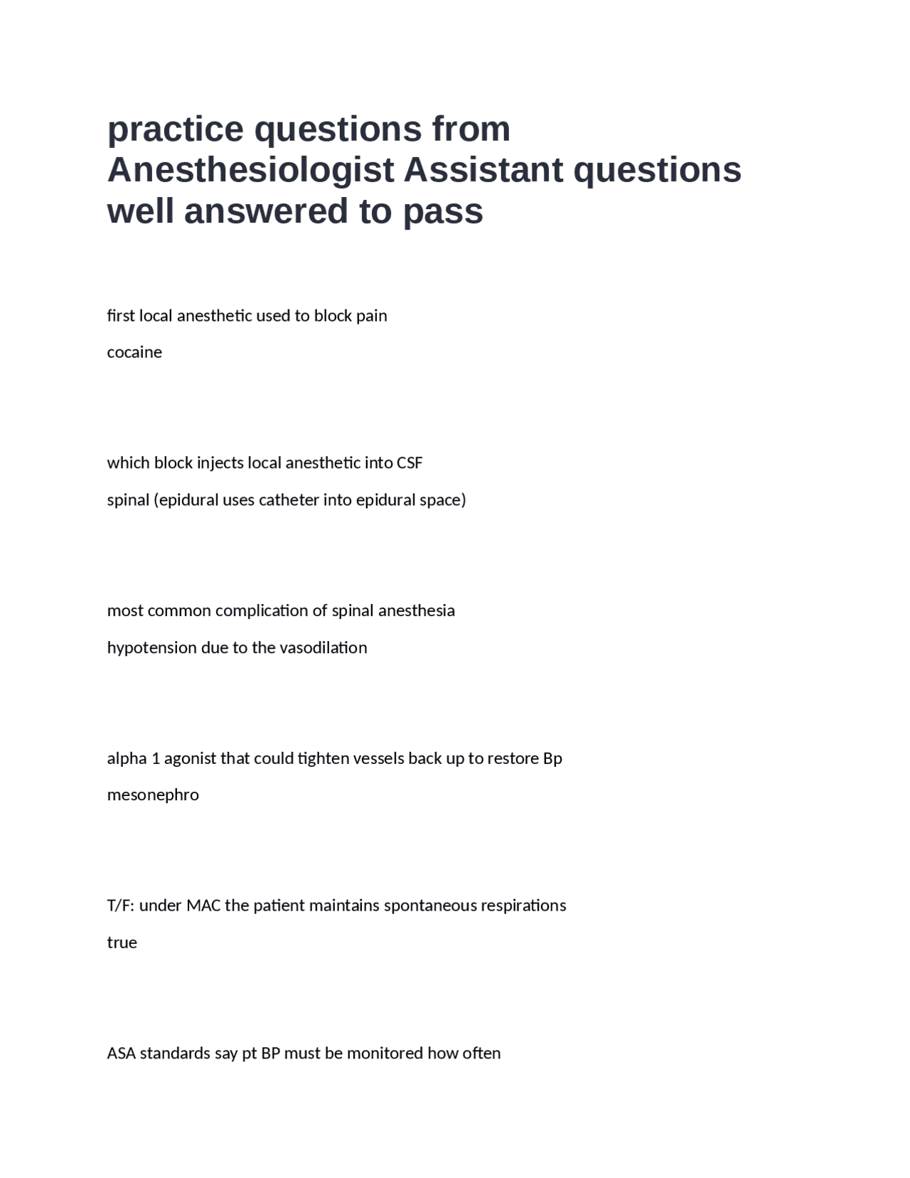 practice questions from Anesthesiologist Assistant questions well ...