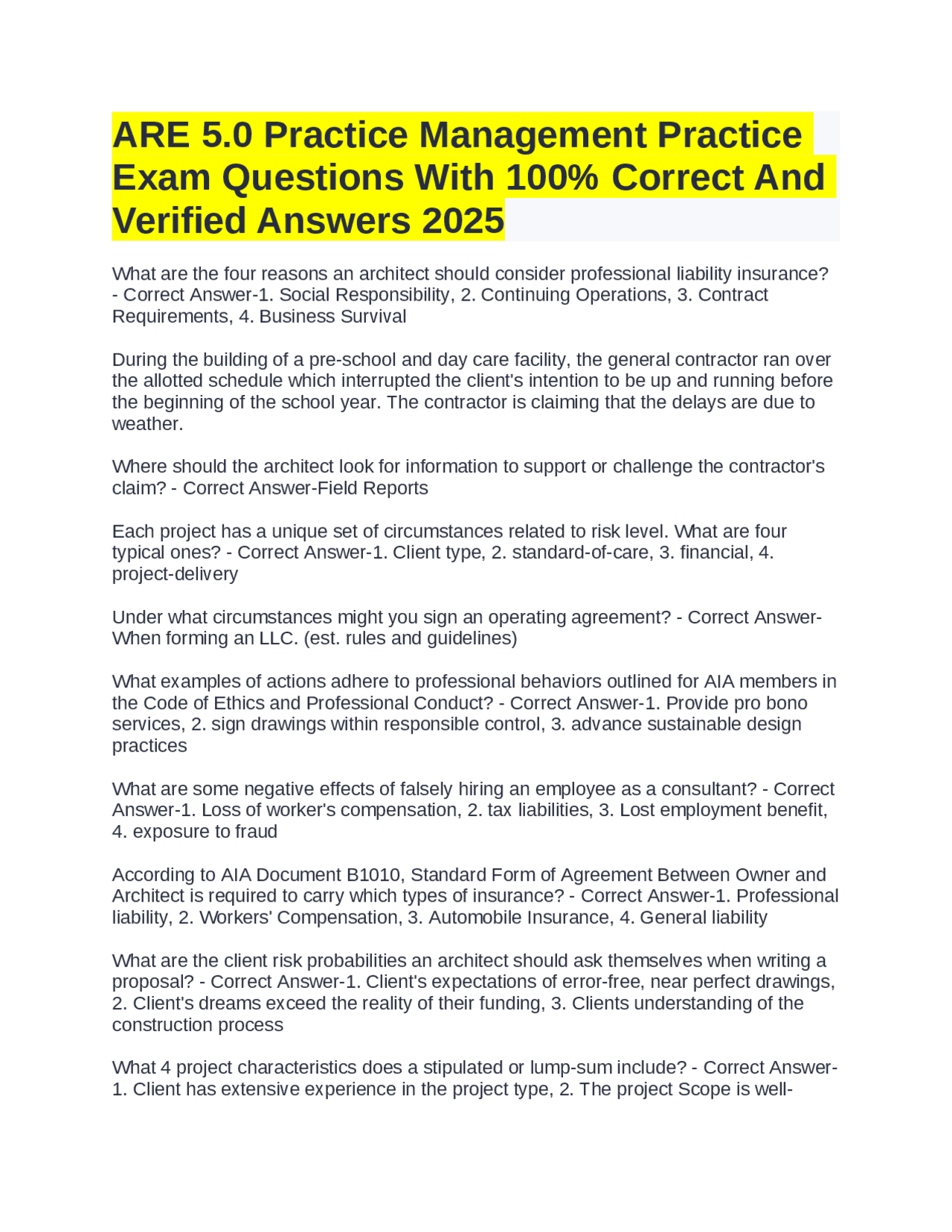 ARE 5.0 Practice Management Practice Exam Questions With 100% Correct ...