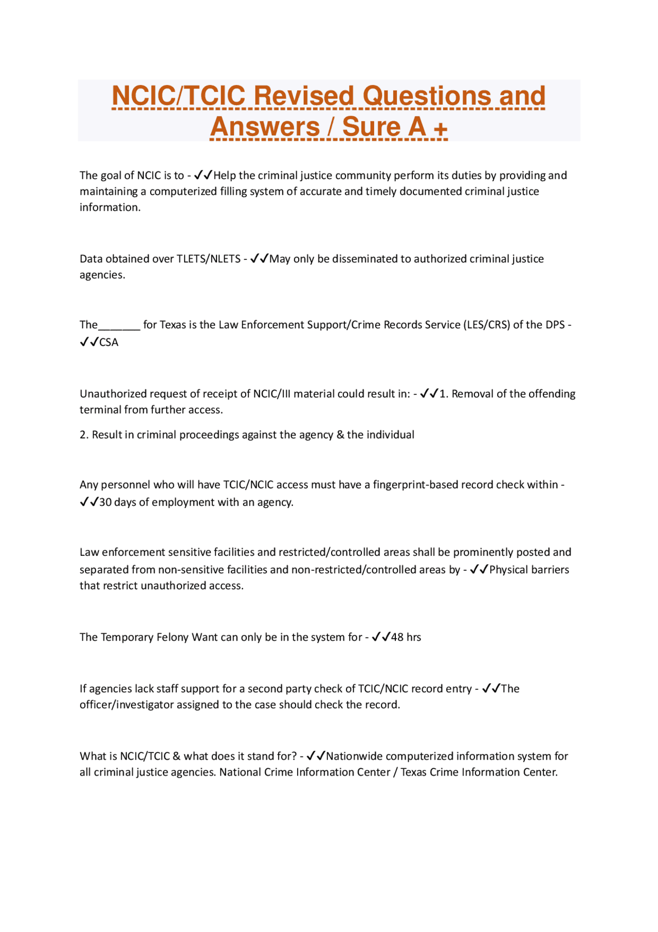 NCIC/TCIC Revised Questions and Answers / Sure A + | Exams Criminal Law ...