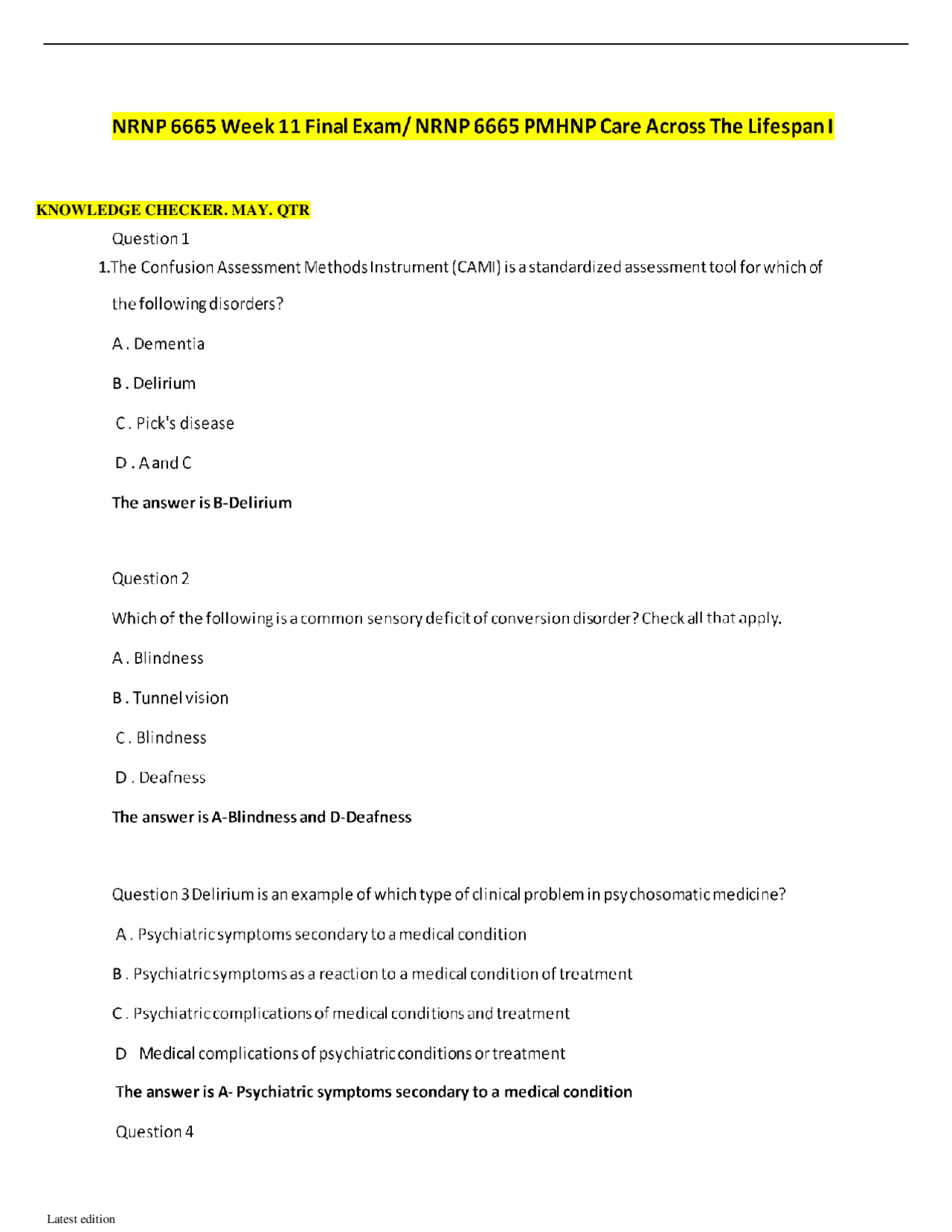 NRNP 6665 WEEK 11 FINAL EXAM. PMHNP CARE ACROSS THE LIFESPAN I. GRADED ...