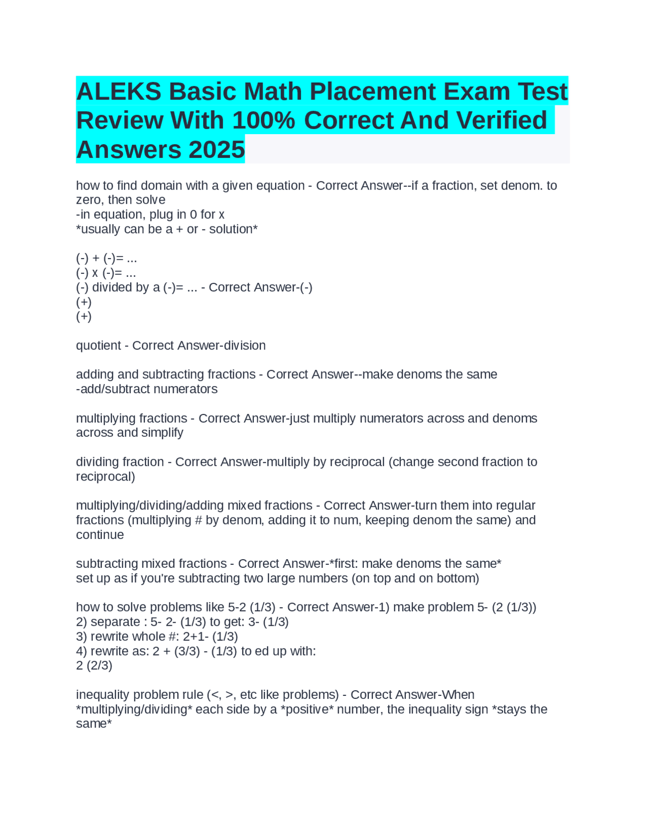 ALEKS Basic Math Placement Exam Test Review With 100% Correct And ...