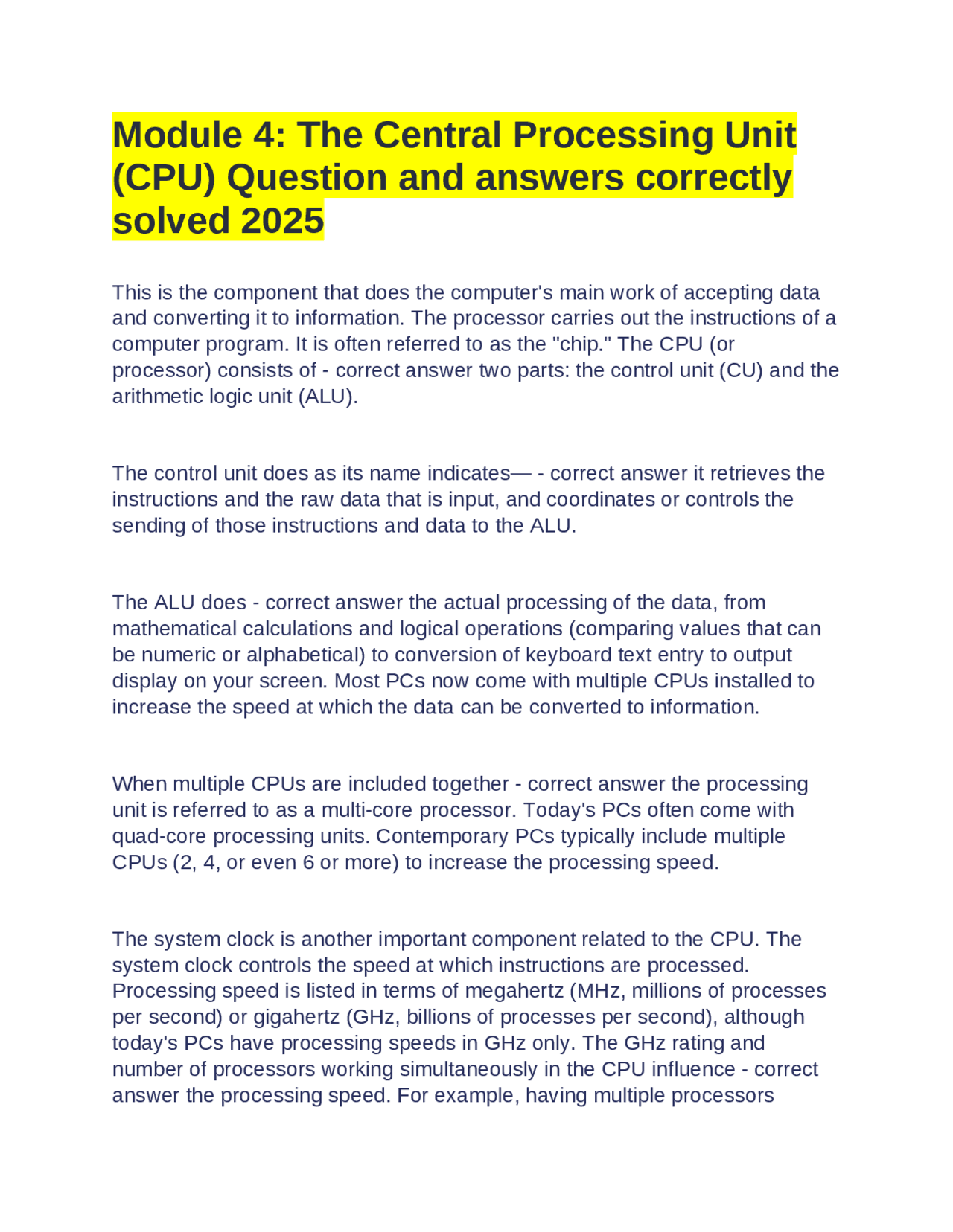 Module 4: The Central Processing Unit (CPU) Question and answers ...