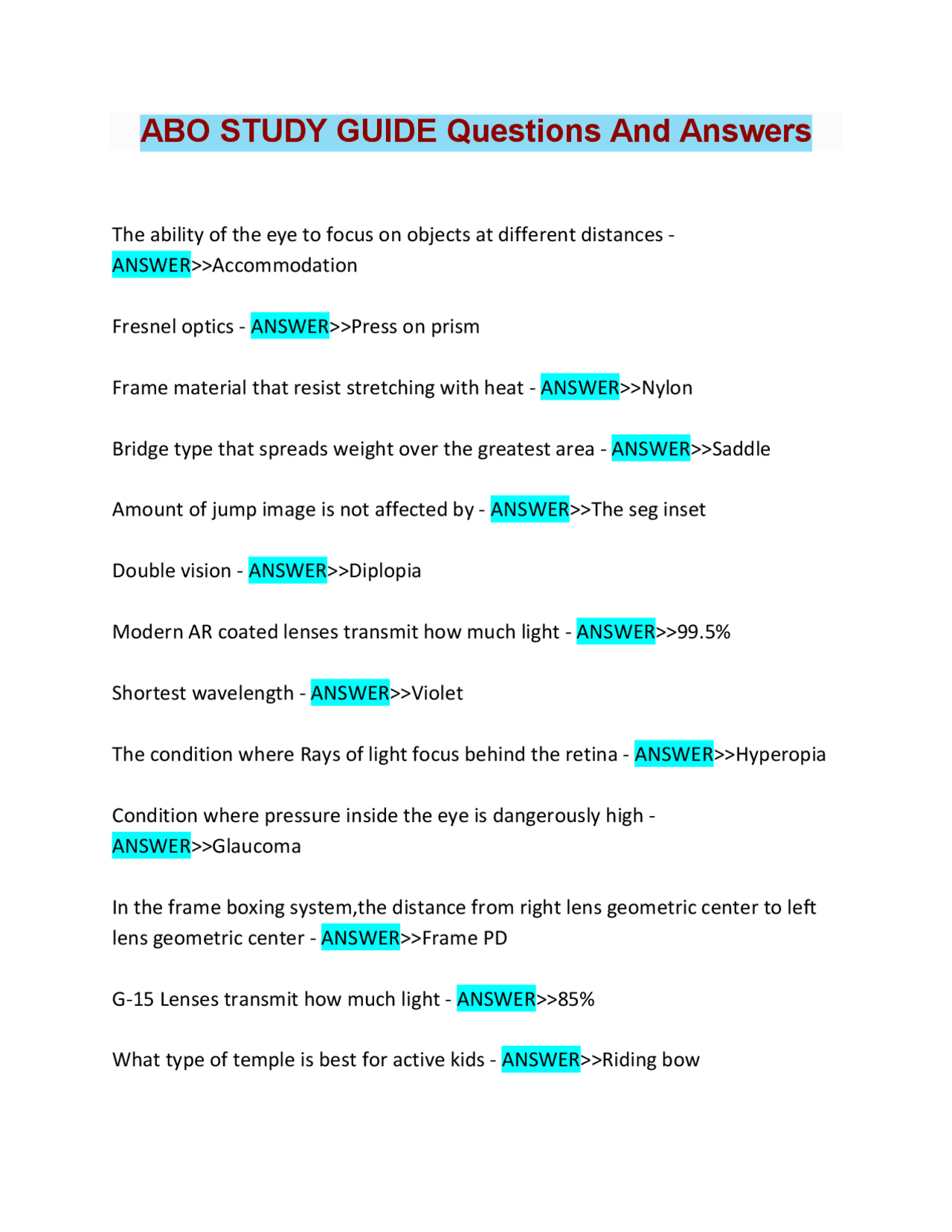 Optical Study Guide Optometry Study Guide: Lens Optics and Vision Correction | Exams ...