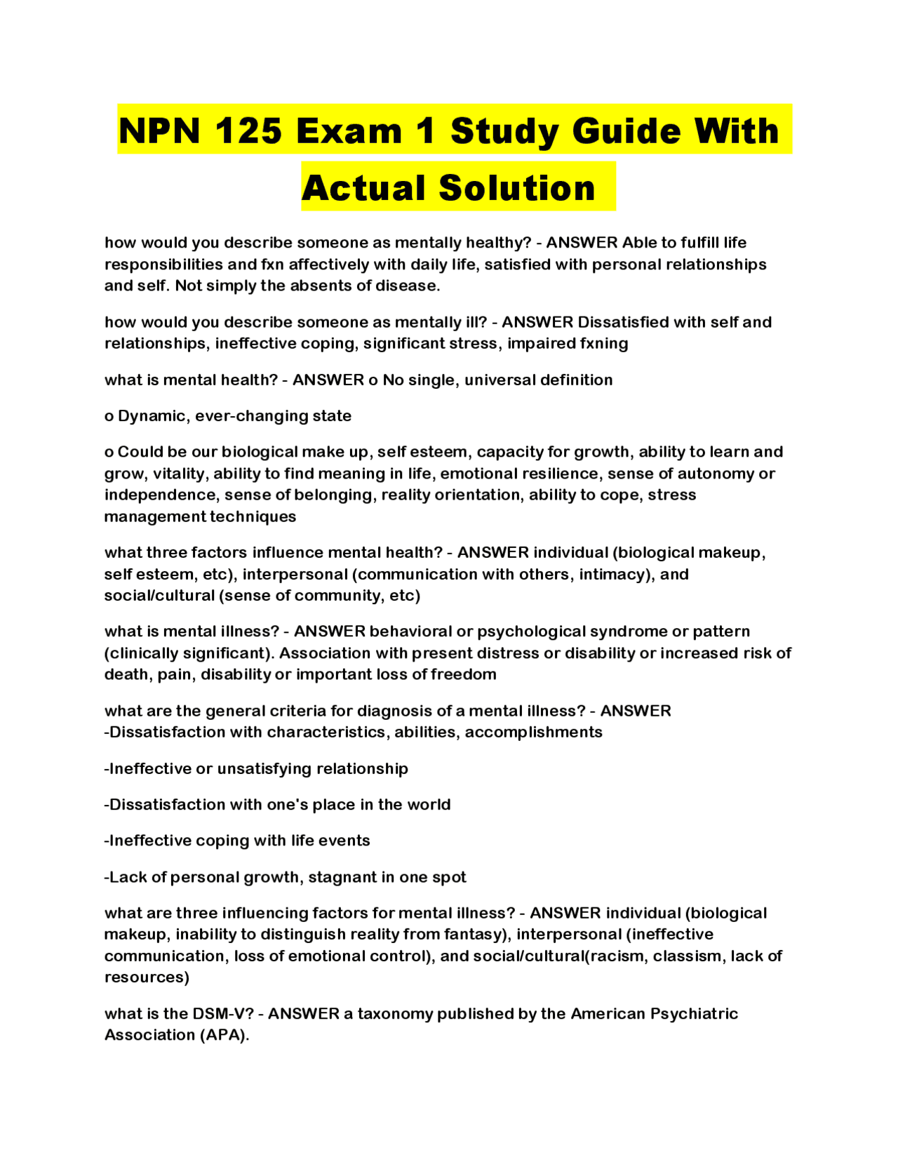 NPN 125 Exam 1 Study Guide With Actual Solution | Exams Advanced ...