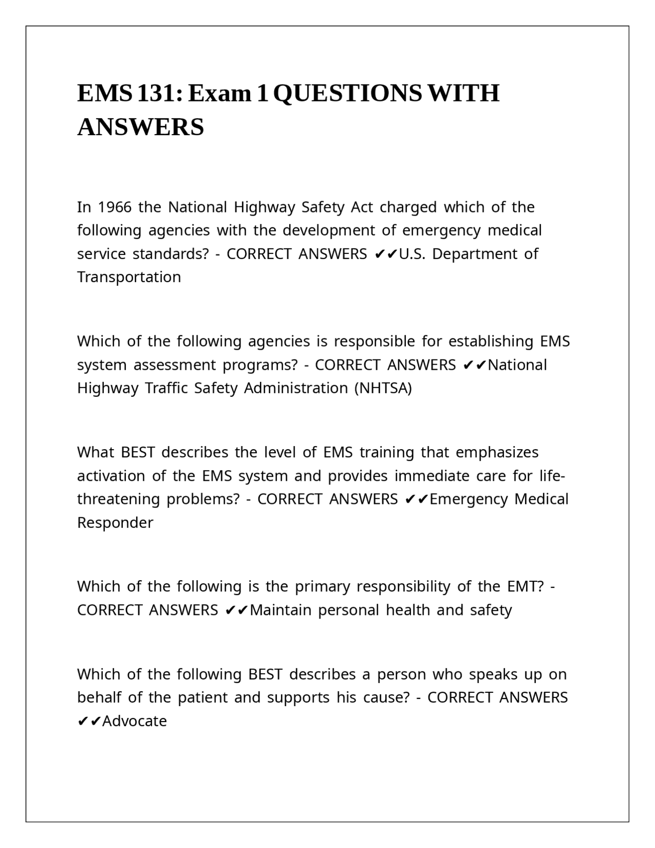 EMS 131 Exam 1 QUESTIONS WITH ANSWERS | Exams Nursing | Docsity