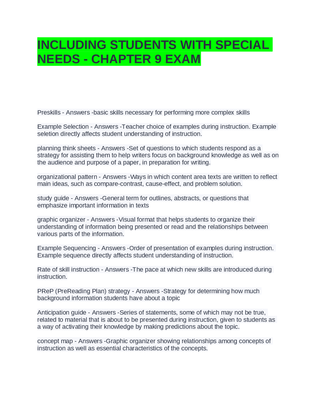 INCLUDING STUDENTS WITH SPECIAL NEEDS - CHAPTER 9 EXAM QUESTIONS AND ...