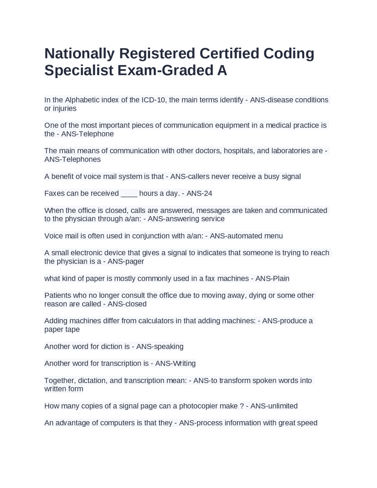 Nationally Registered Certified Coding Specialist Exam-Graded A | Exams ...