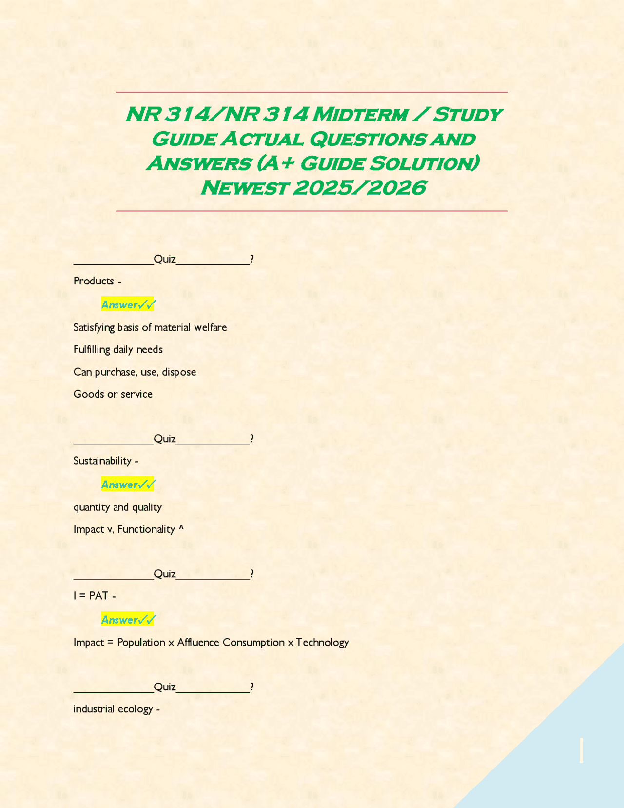 NR 314/NR 314 Midterm / Study Guide Actual Questions and Answers (A+ ...