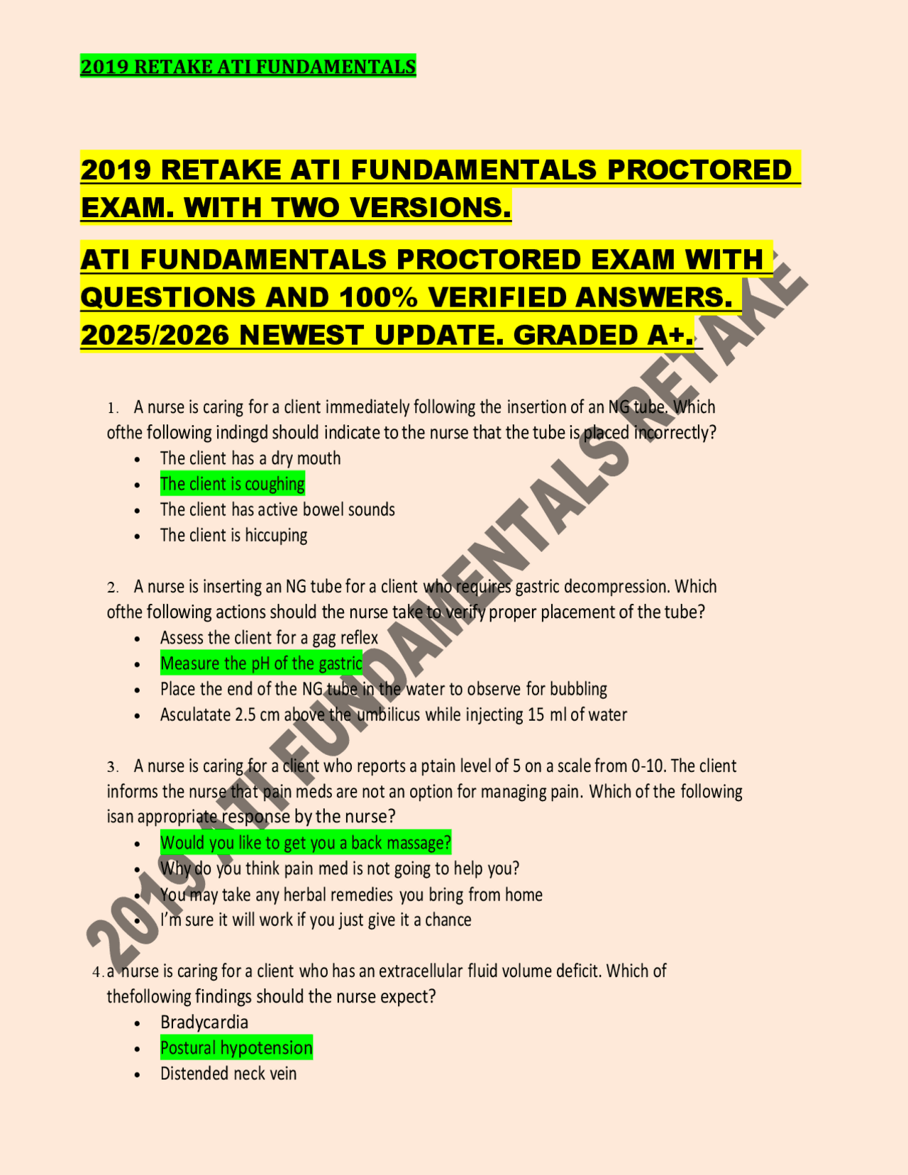 2019 RETAKE ATI FUNDAMENTALS PROCTORED EXAM. WITH TWO VERSIONS. ATI ...