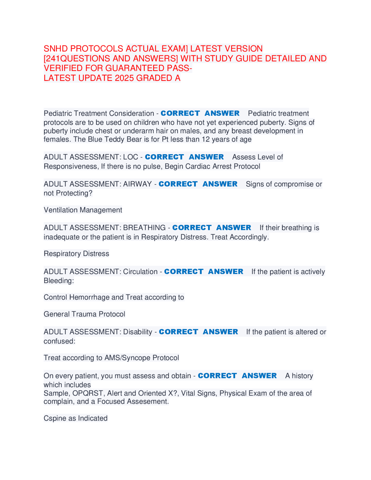 SNHD PROTOCOLS ACTUAL EXAM] LATEST VERSION [241QUESTIONS AND ANSWERS ...
