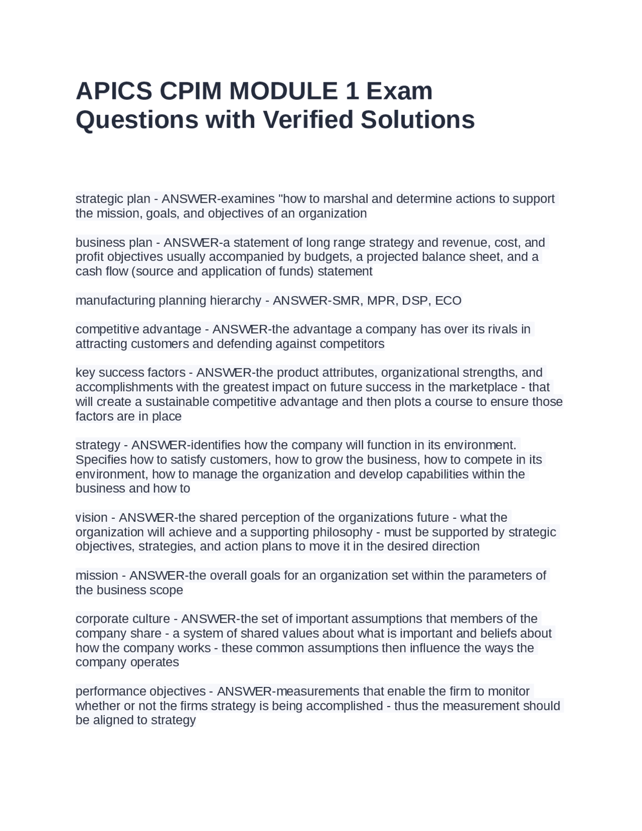 APICS CPIM MODULE 1 Exam Questions with Verified Solutions | Exams ...