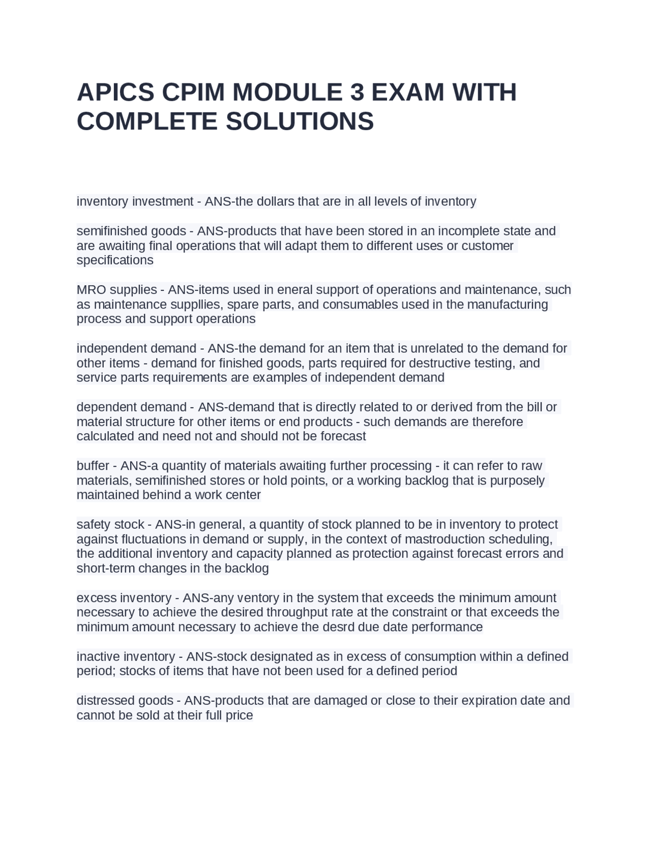 APICS CPIM MODULE 3 EXAM WITH COMPLETE SOLUTIONS | Exams Advanced ...