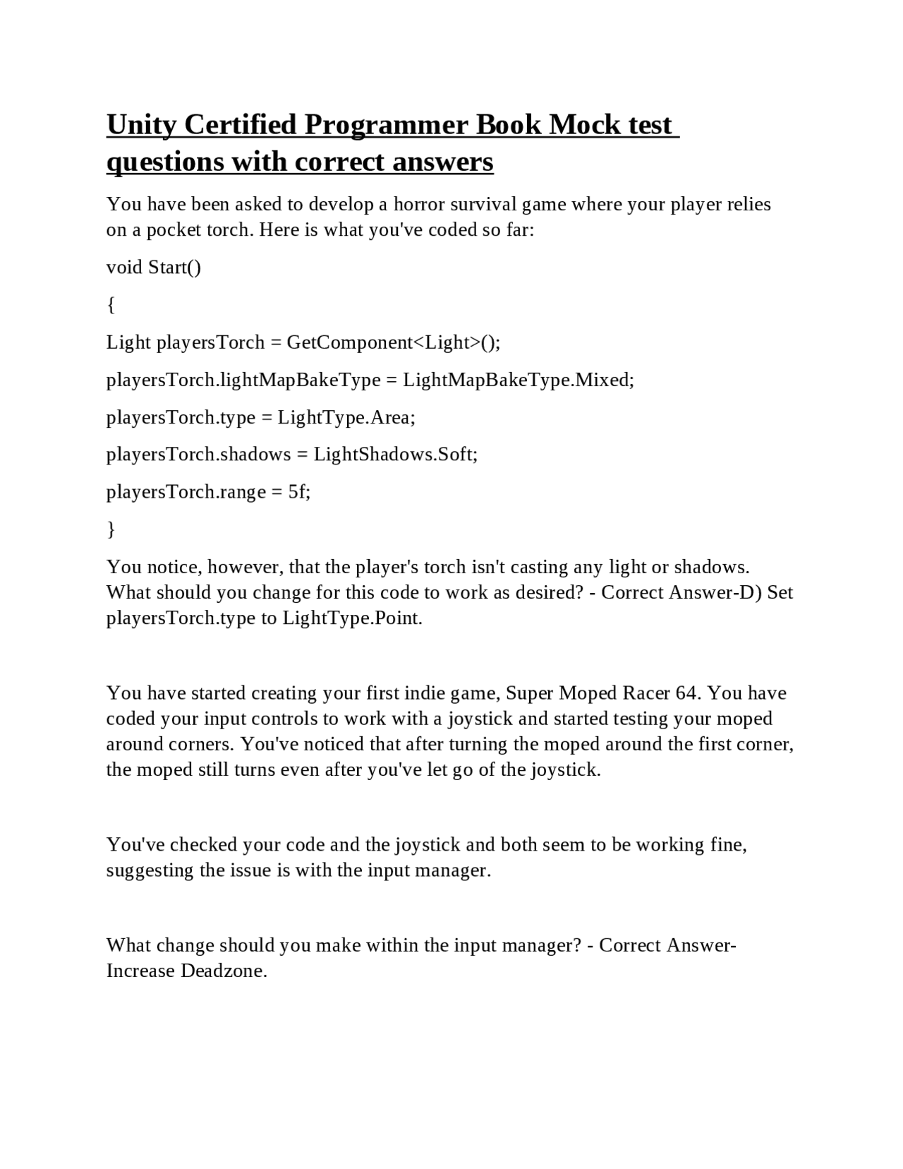 Unity Certified Programmer Exam: Mock Test Questions and Answers ...