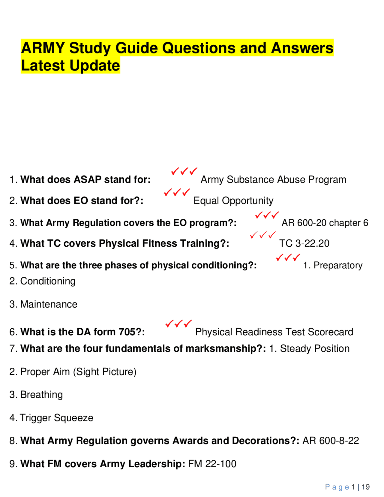 ARMY Study Guide Questions and Answers Latest Update. | Exams Nursing ...