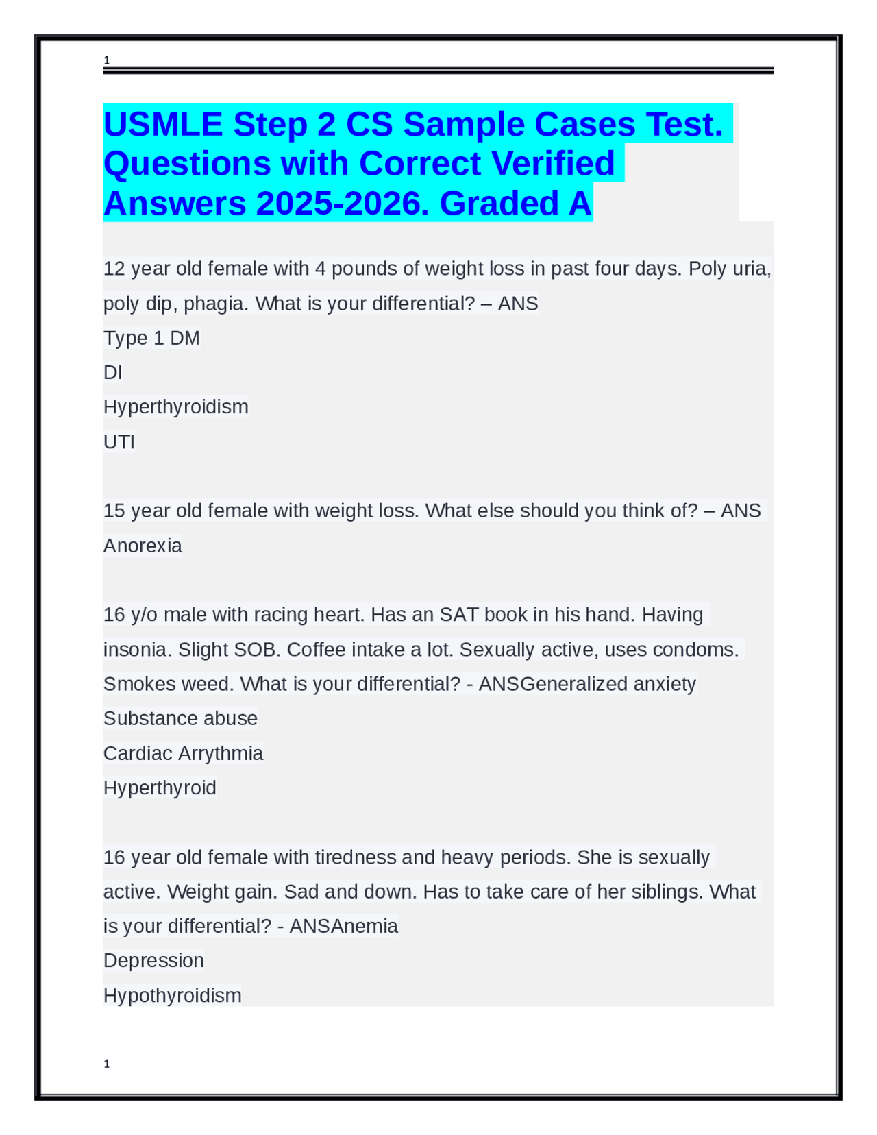 USMLE Step 2 CS Practice Cases: Questions and Verified Answers (2025 ...