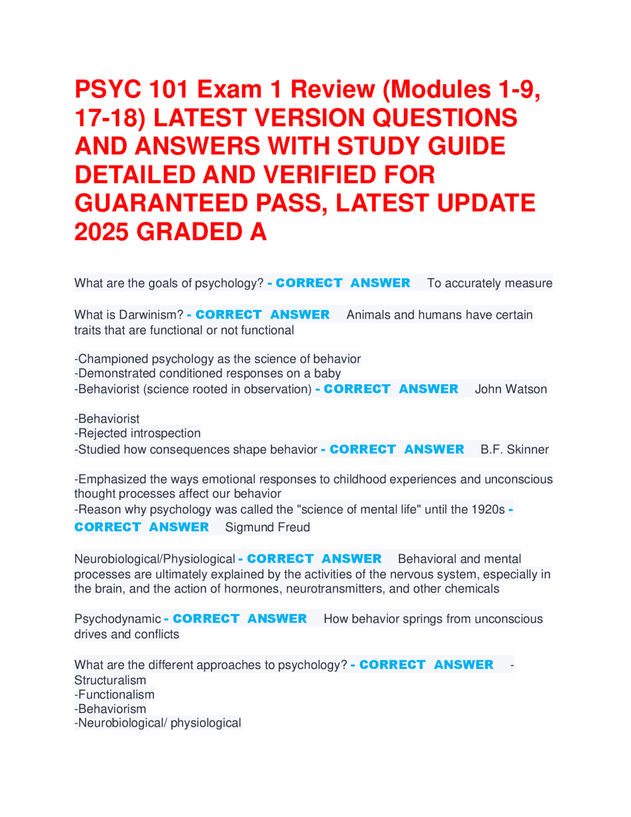 PSYC 101 Exam 1 Review (Modules 1-9, 17-18) LATEST VERSION QUESTIONS ...