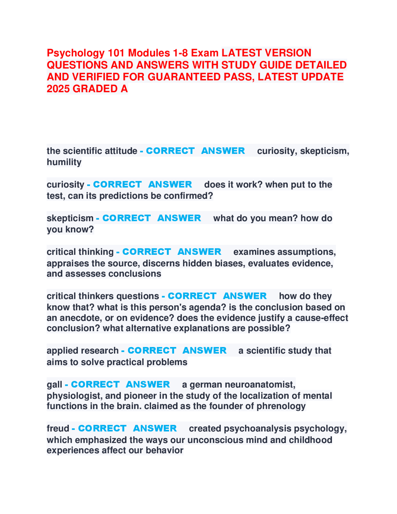 Psychology 101 Modules 1-8 Exam LATEST VERSION QUESTIONS AND ANSWERS ...