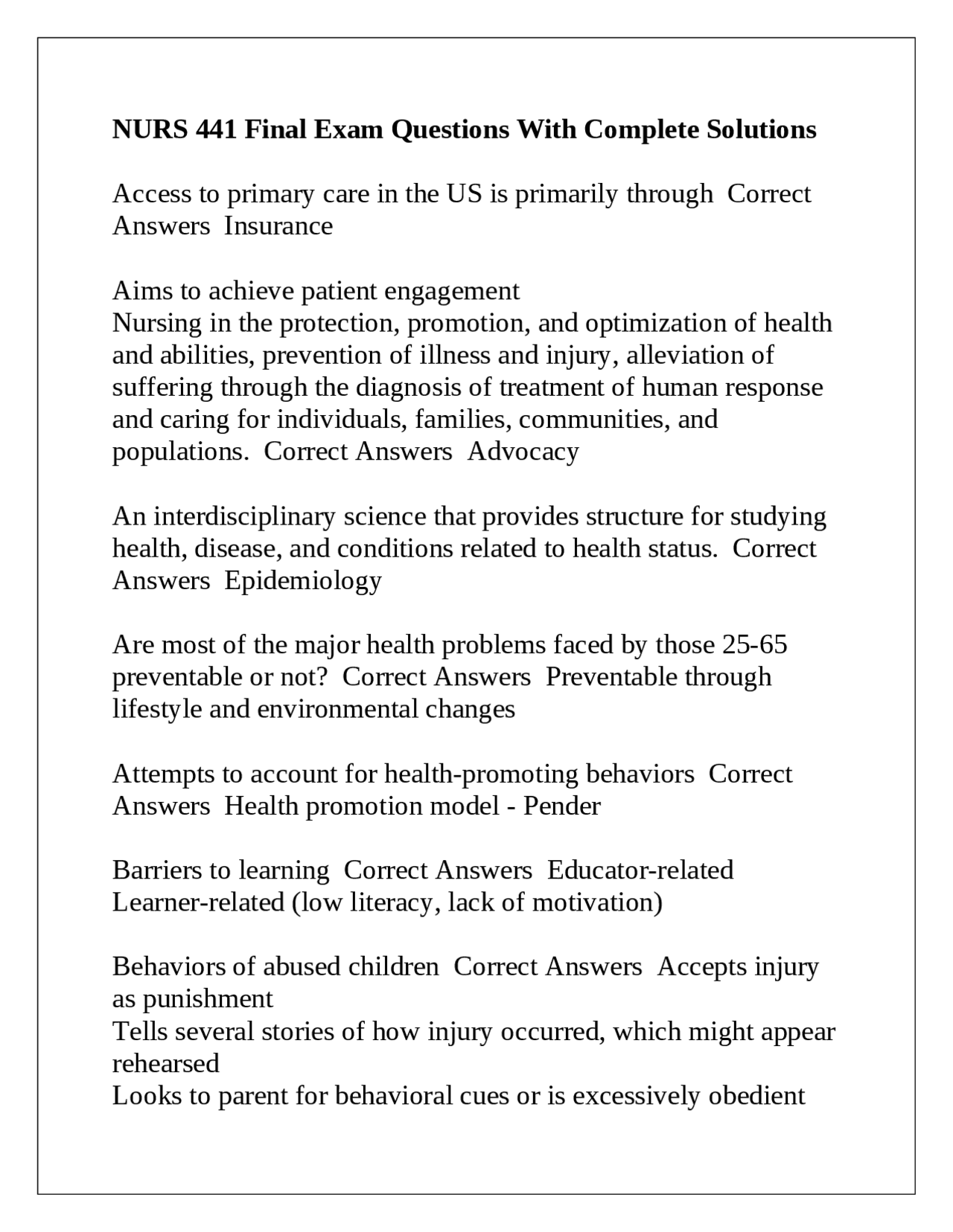 NURS 441 Final Exam Questions With Complete Solution1. | Exams Nursing ...