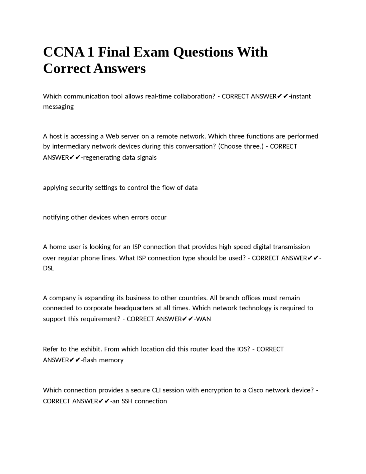 CCNA 1 Final Exam Questions With Correct Answers. | Exams Nursing | Docsity